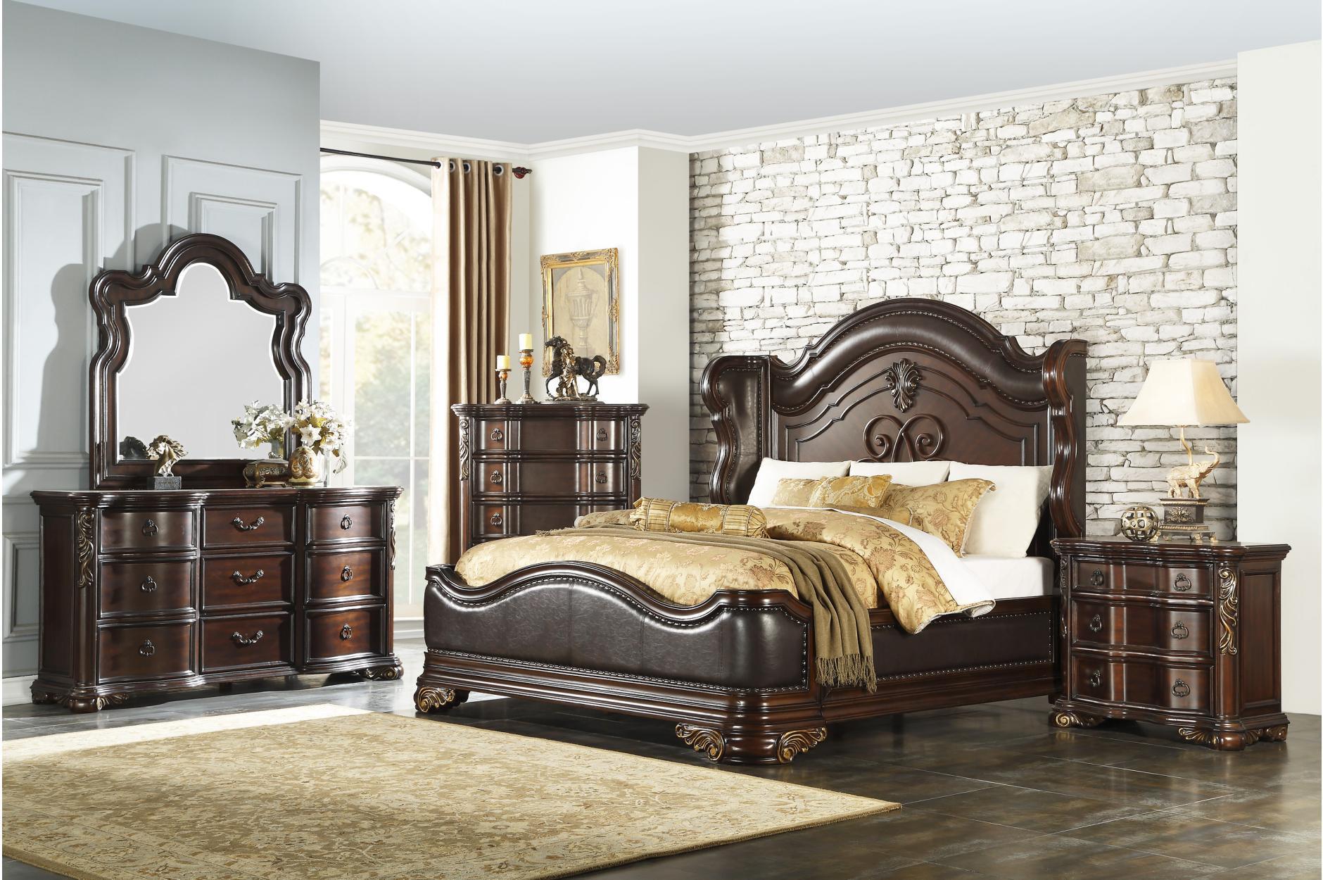 Royal Highlands Brown Cherry Faux Leather Panel Bedroom Set - Image 1