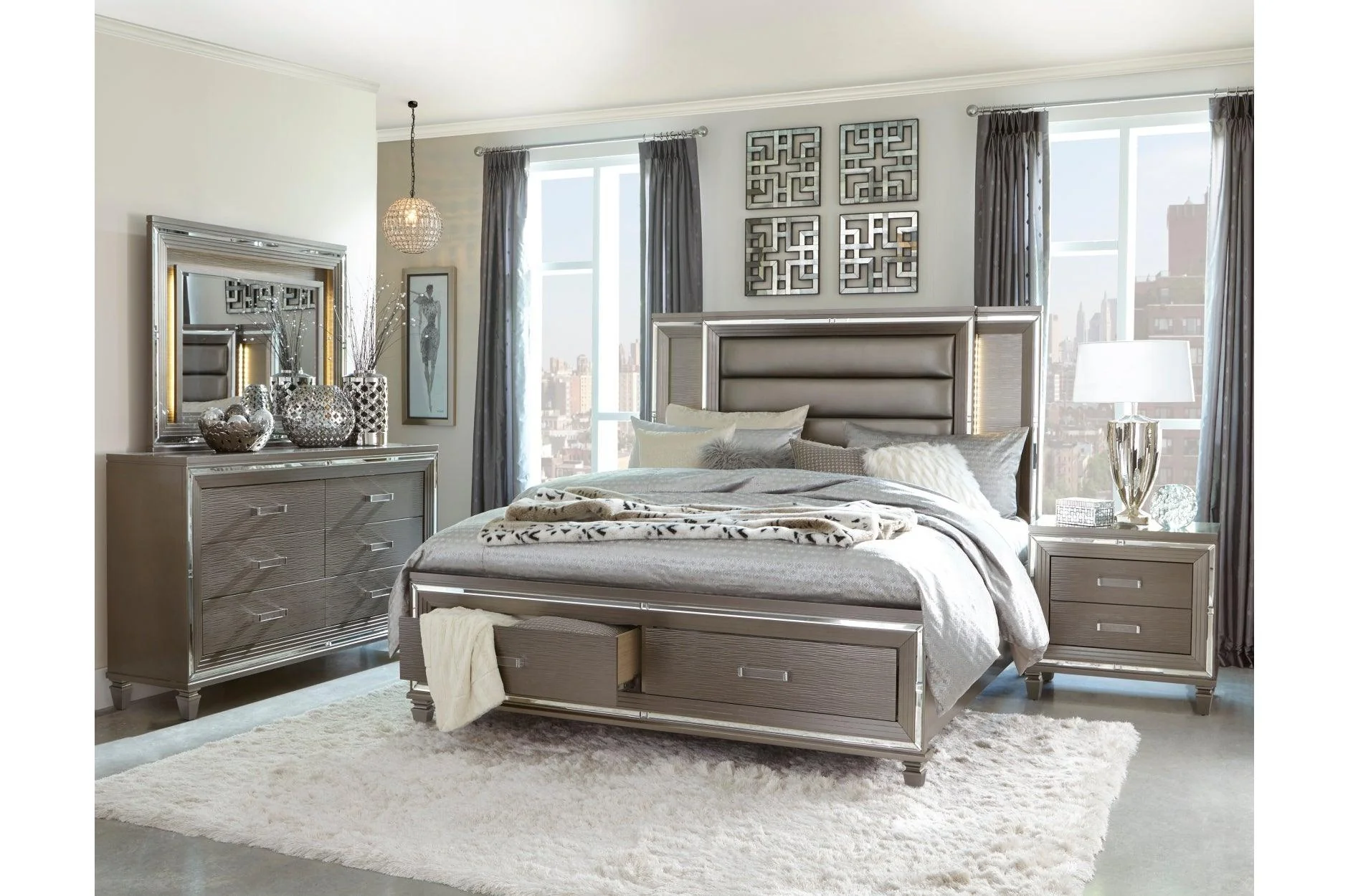 Tamsin Silver Gray Faux Leather LED Storage Platform Bedroom Set - Image 1
