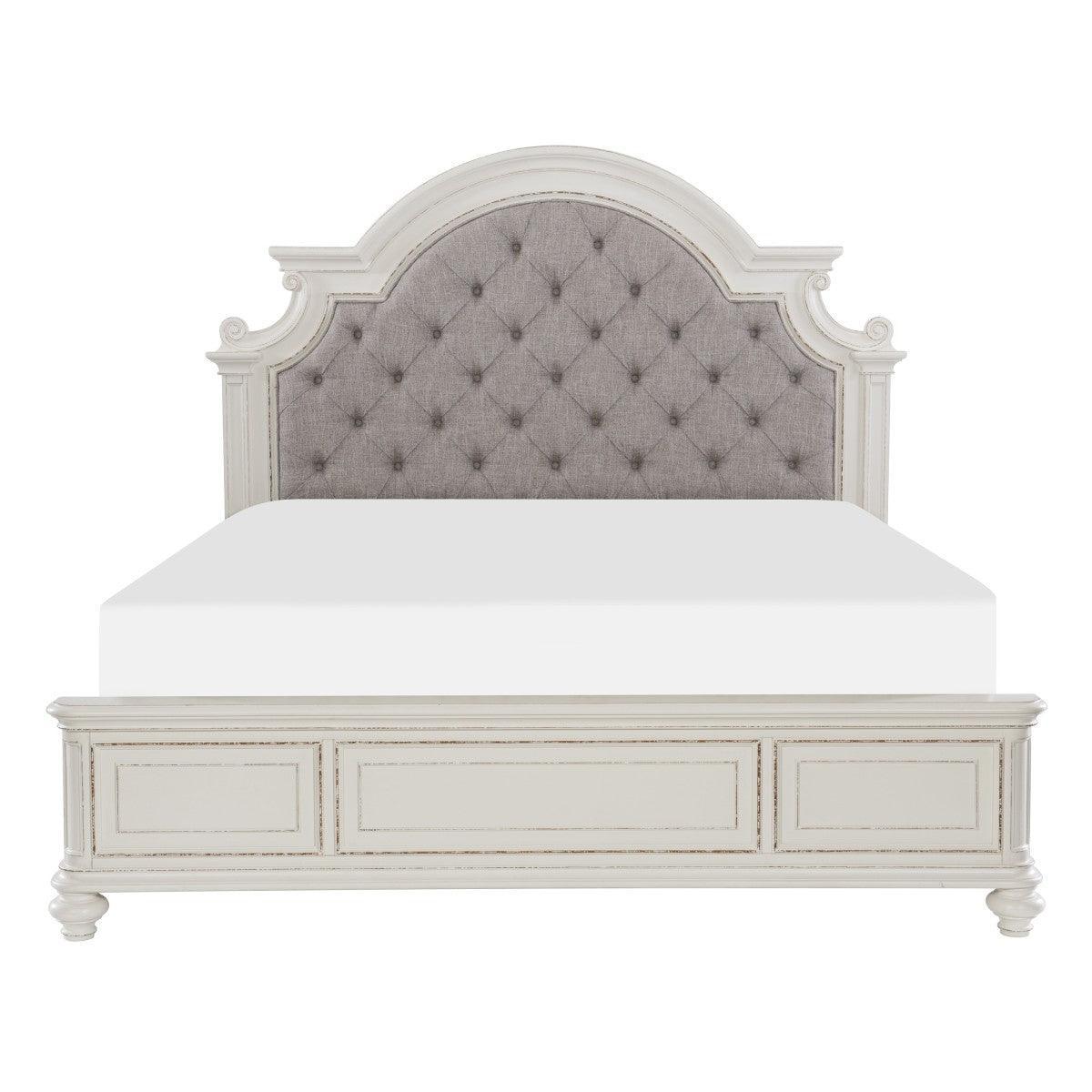 Baylesford Antique White Oak Fabric Tufted King Queen Bed - Image 1