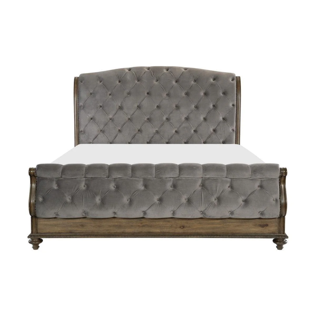 Rachelle Gray Velvet Fabric Tufted Sleigh King Bed - Image 1