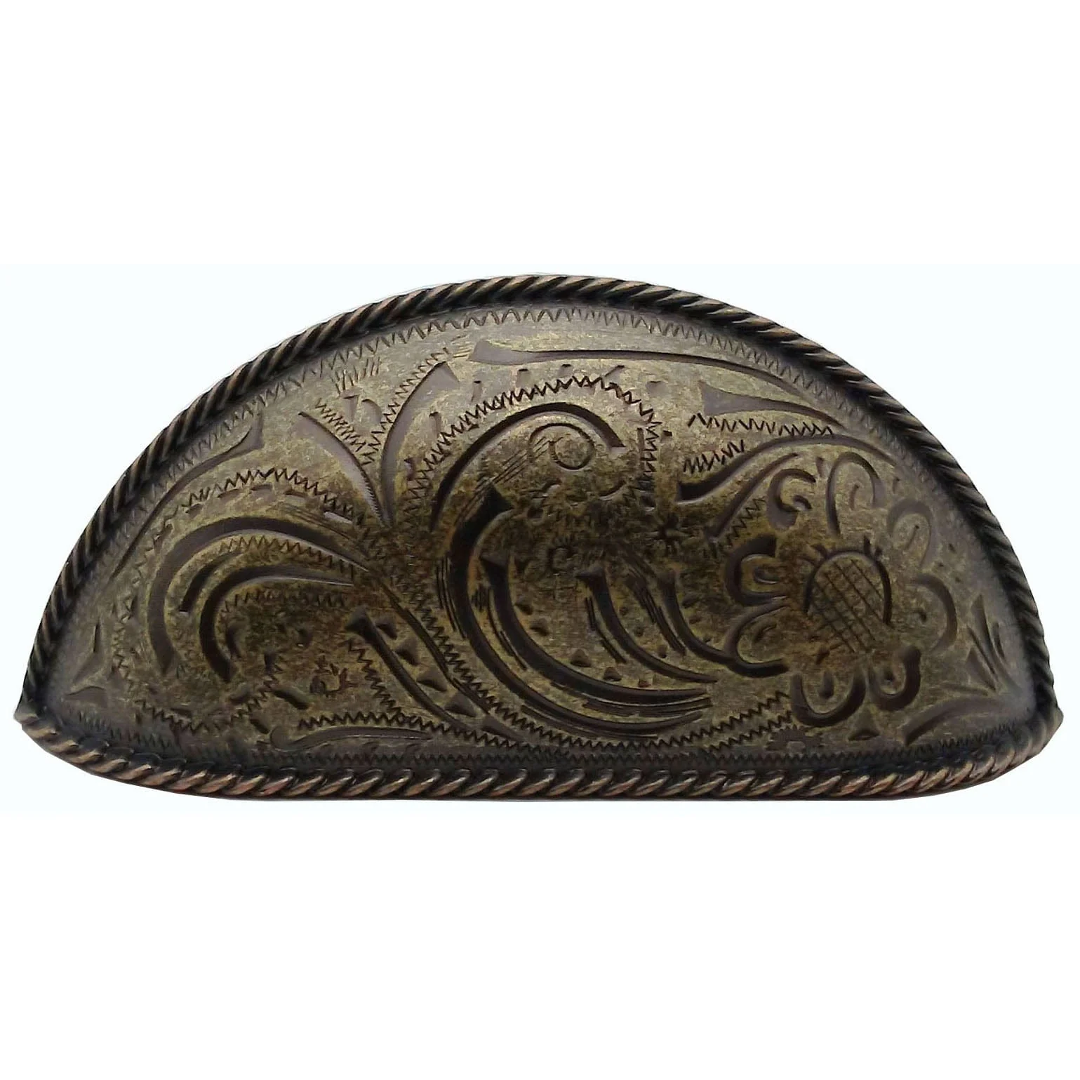 Engraved Flower Cup Pull, Brass Oxide - Image 1