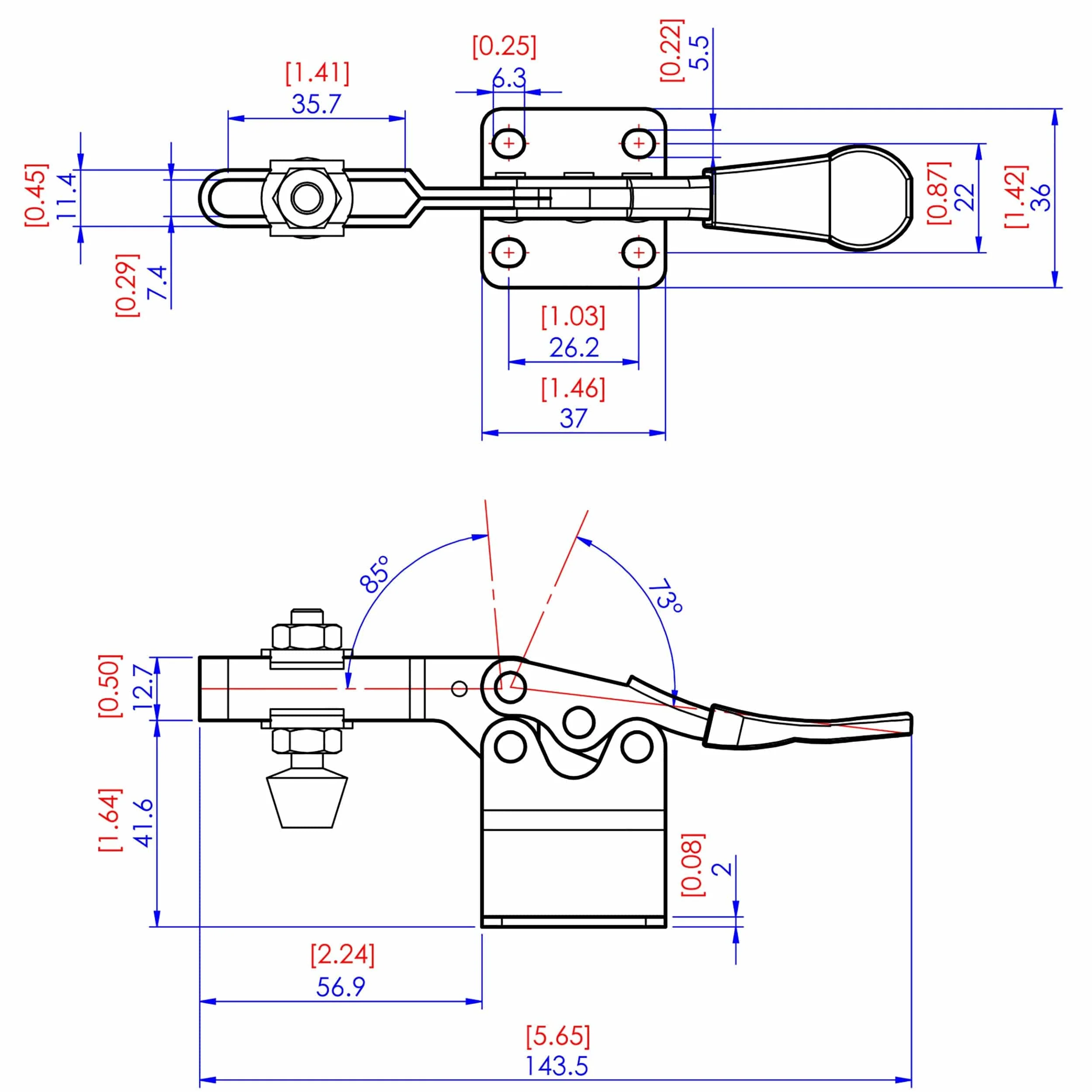 High Base Toggle Clamp - 200 lb Capacity - 2-1/4" x 7/8" - Image 2