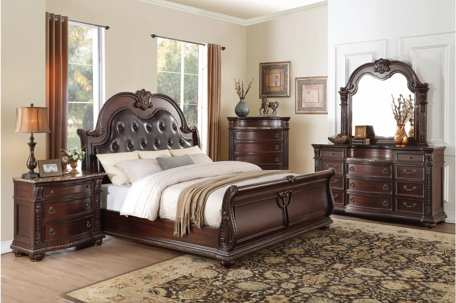 Cavalier Dark Cherry Faux Leather Tufted Sleigh Bedroom Set - Image 1