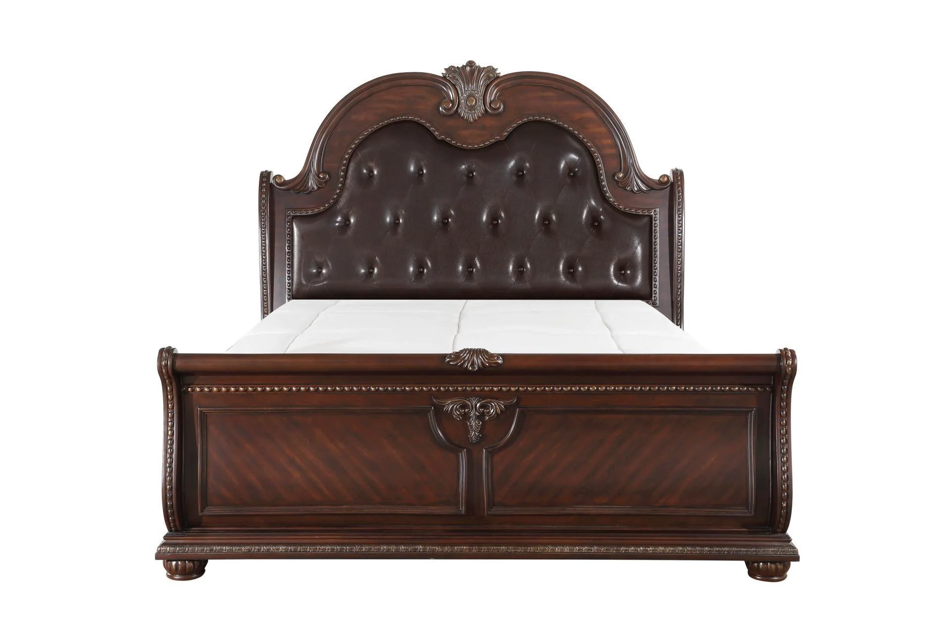 Cavalier Dark Cherry Faux Leather Tufted Sleigh Bedroom Set - Image 3