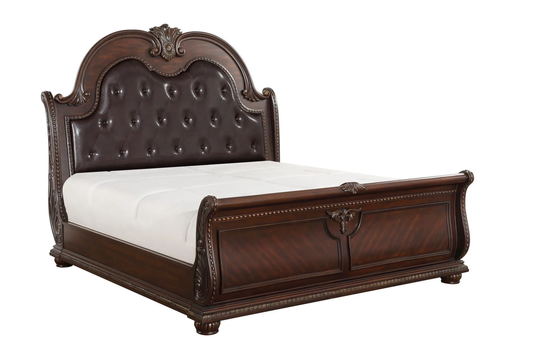 Cavalier Dark Cherry Faux Leather Tufted Sleigh Bedroom Set - Image 2