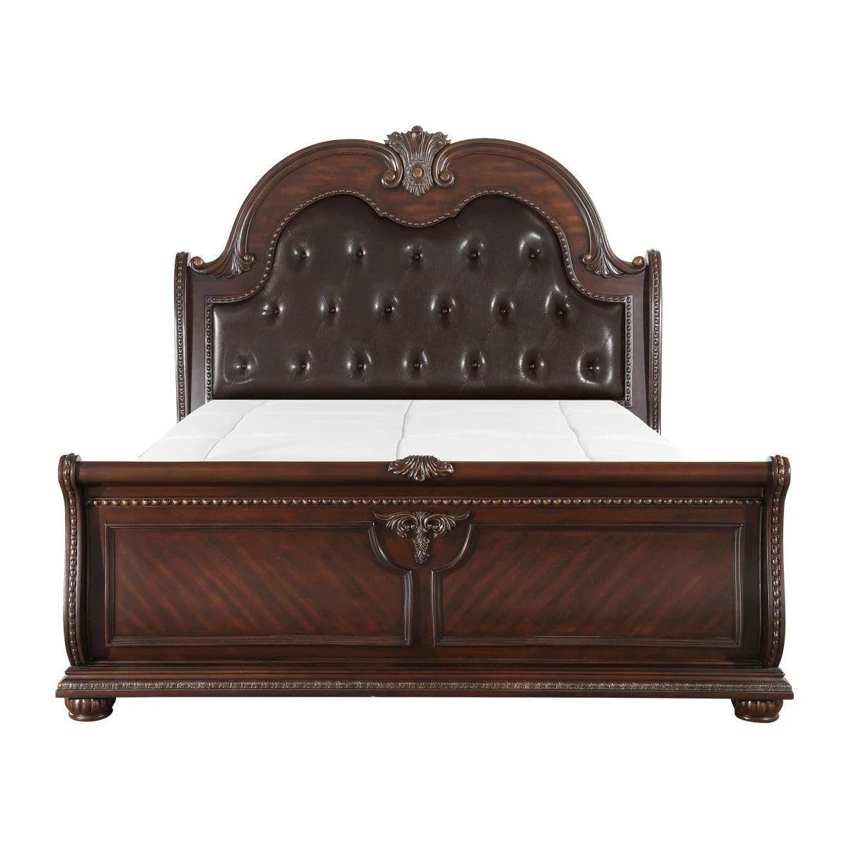 Cavalier Dark Cherry Faux Leather Tufted Sleigh King Bed - Image 1
