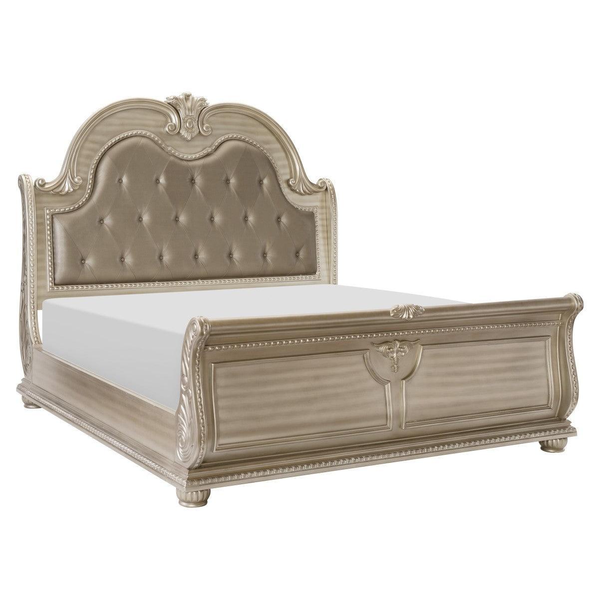 Cavalier Silver Faux Leather Tufted Sleigh King Bed - Image 2
