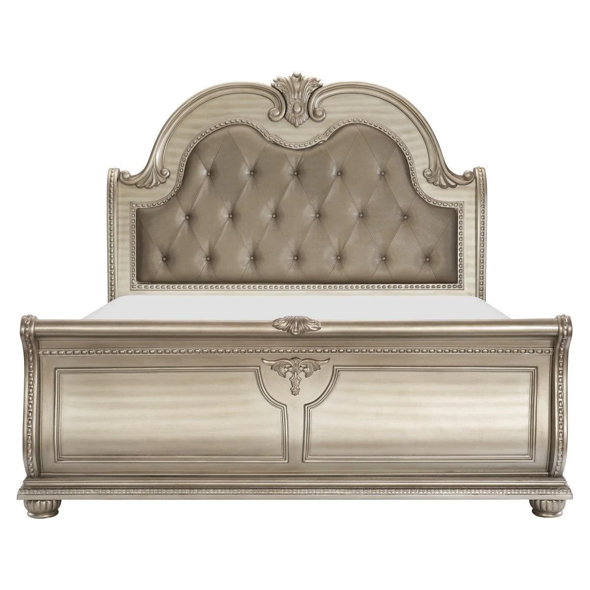 Cavalier Silver Faux Leather Tufted Sleigh Queen Bed - Image 1