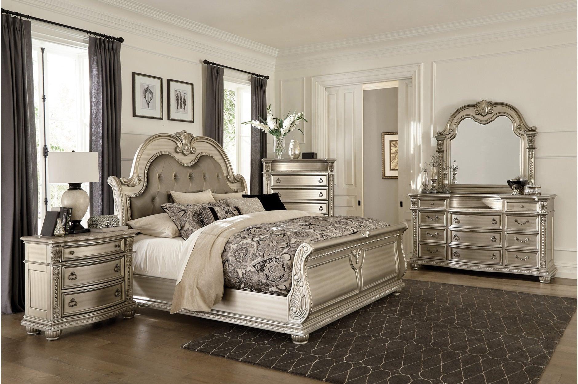 Cavalier Silver Faux Leather Tufted Sleigh Bedroom Set - Image 1