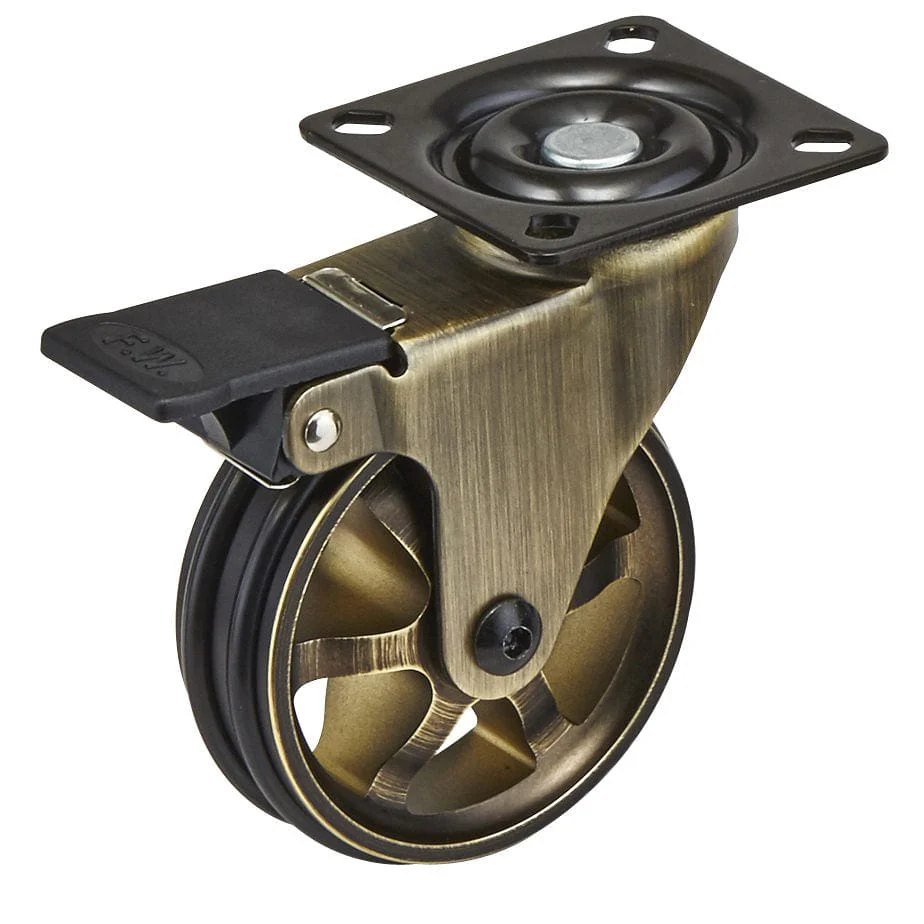 3″ D Aluminum Single Wheel Vintage Caster Swivel with Brake with Plate Rustic Brass