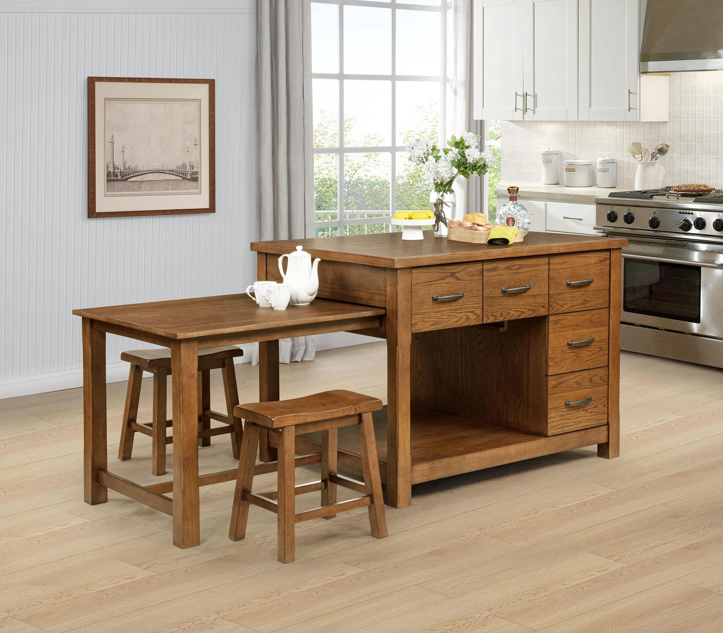 Mayfair 3-piece Kitchen Island with Extension Table Dark Oak - Image 2
