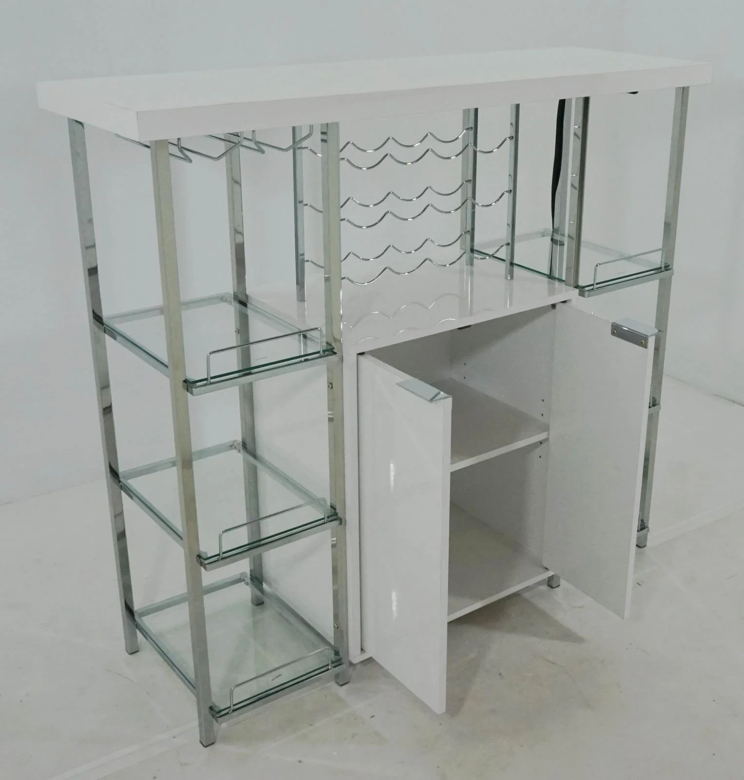 Gallimore 2 Door Bar Cabinet With Glass Shelf High Glossy White Chrome - Image 2