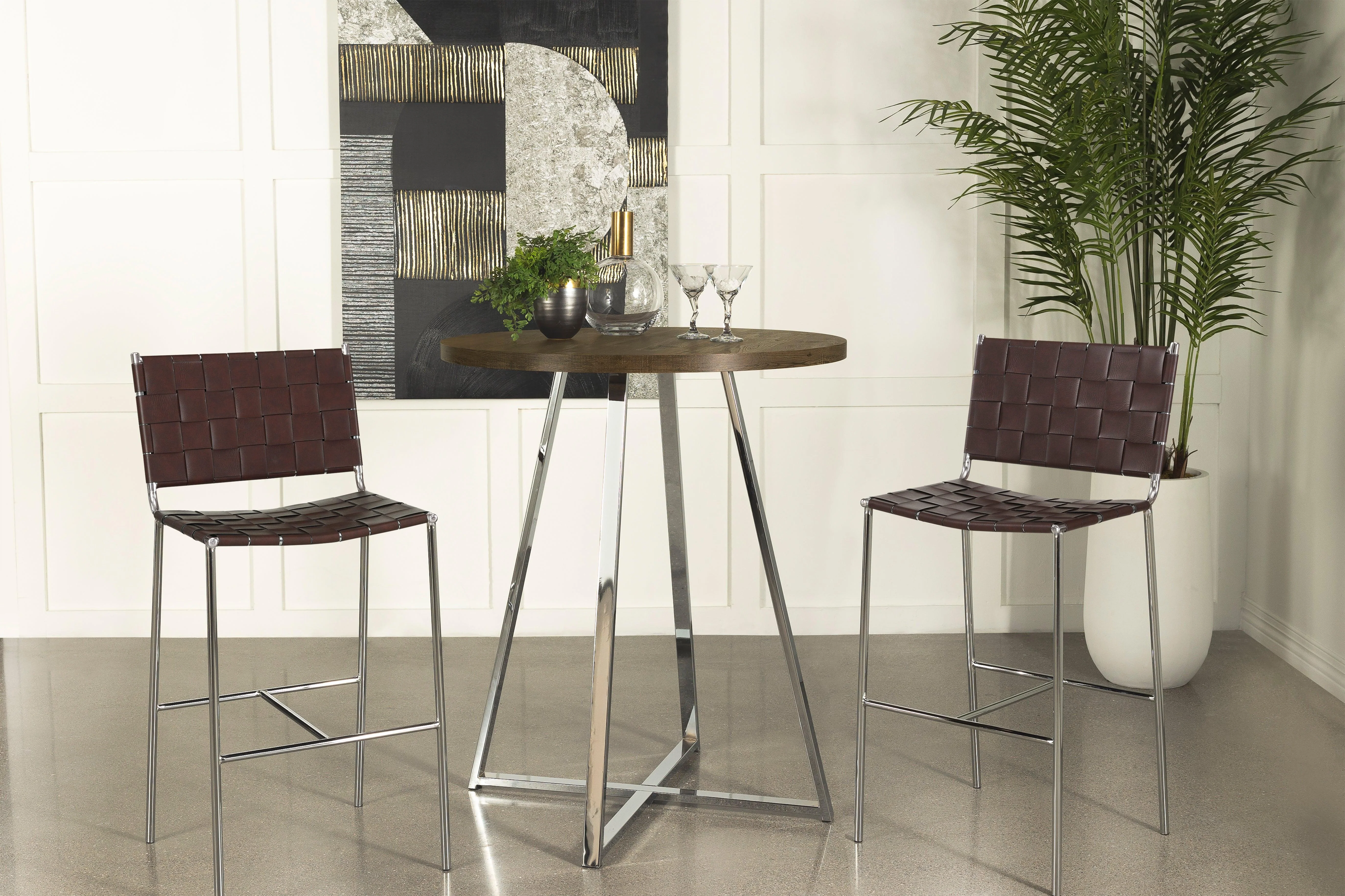 Burkhart Sled Base Round Bar Table Brown Oak Chrome - Image 2