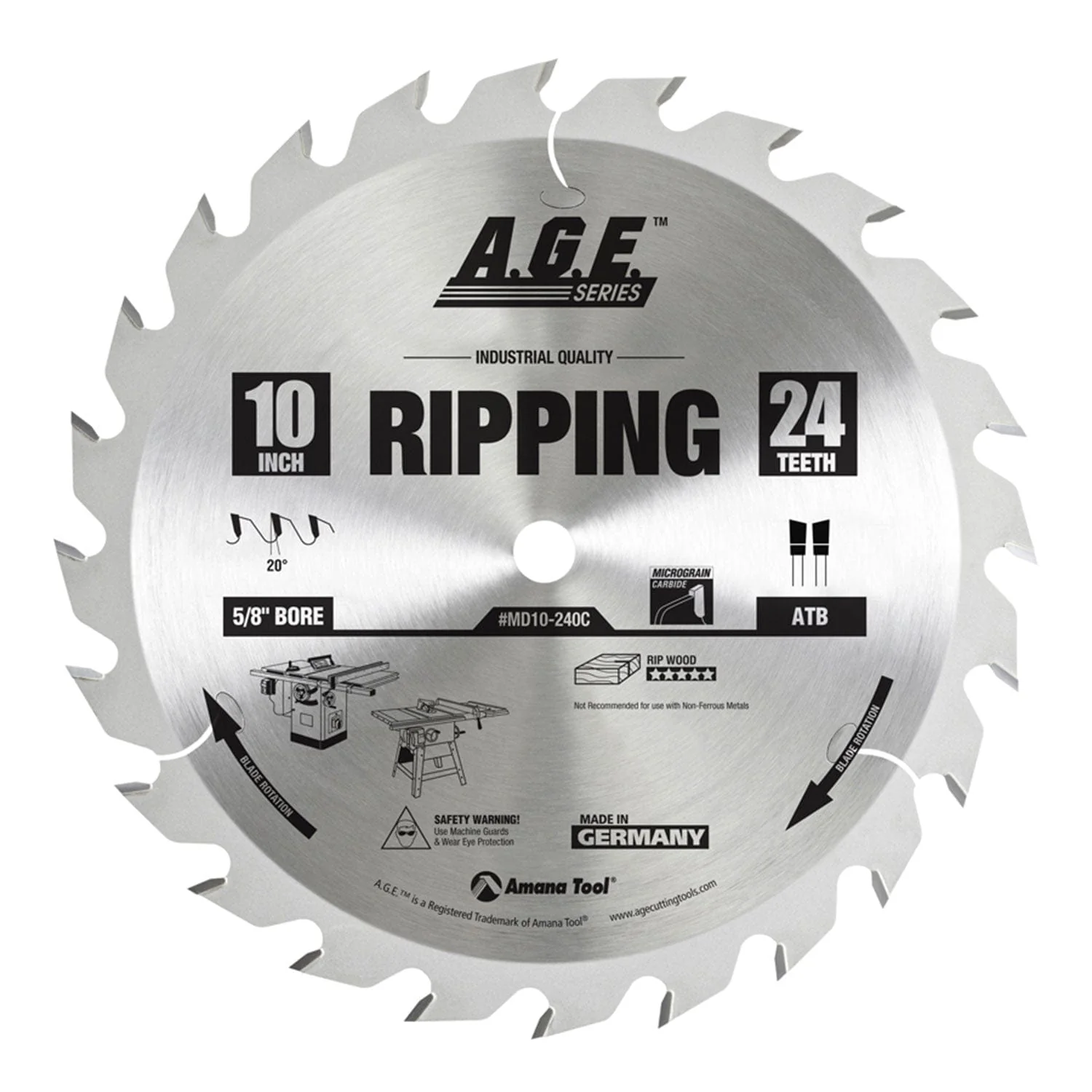 10″ x 24T Carbide Tipped Ripping Blade, 20 Deg., 5/8″ Bore., ATB