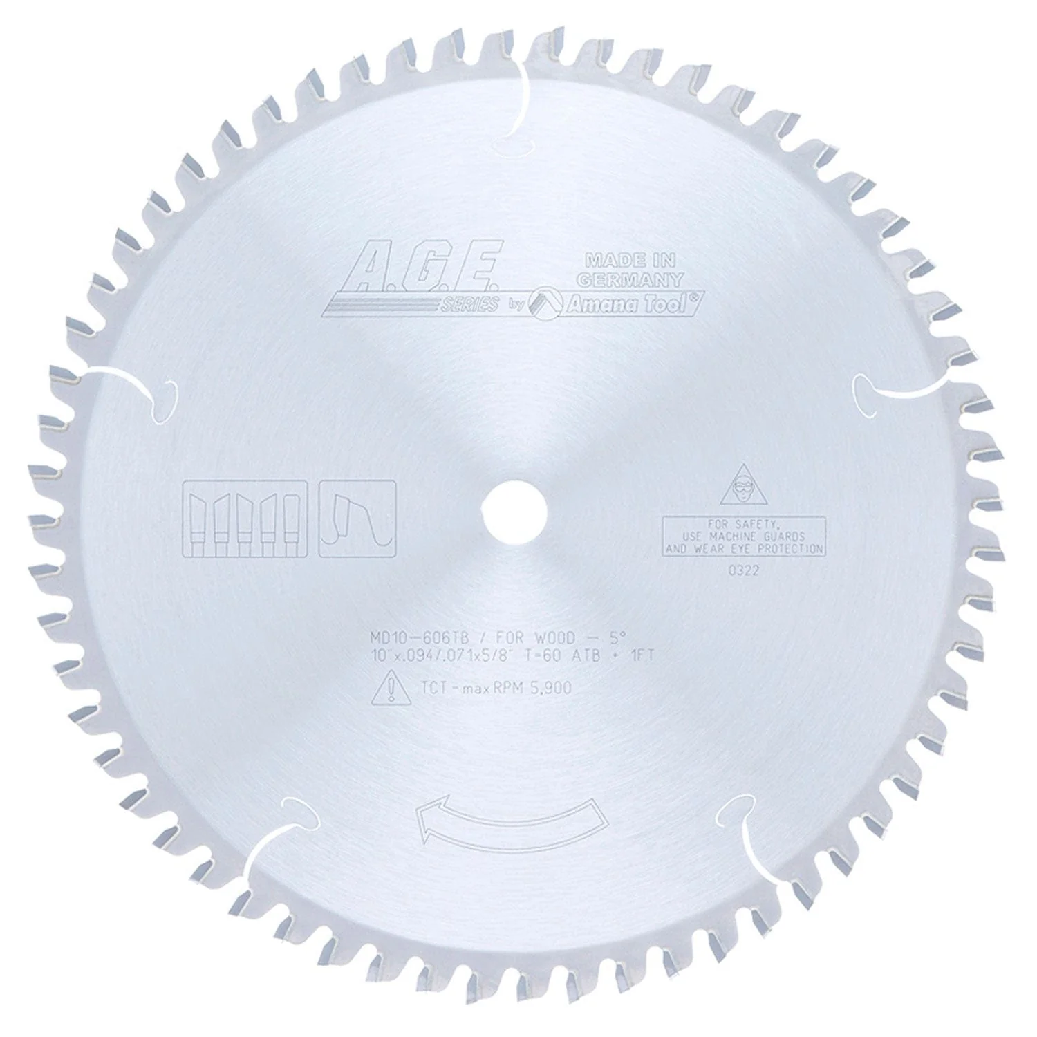 10″ x 60T Carbide Tipped Thin Kerf Sliding Compound, Miter and Radial ArmBlade, Negative 5 Deg., 5/8″ Bore, ATB
