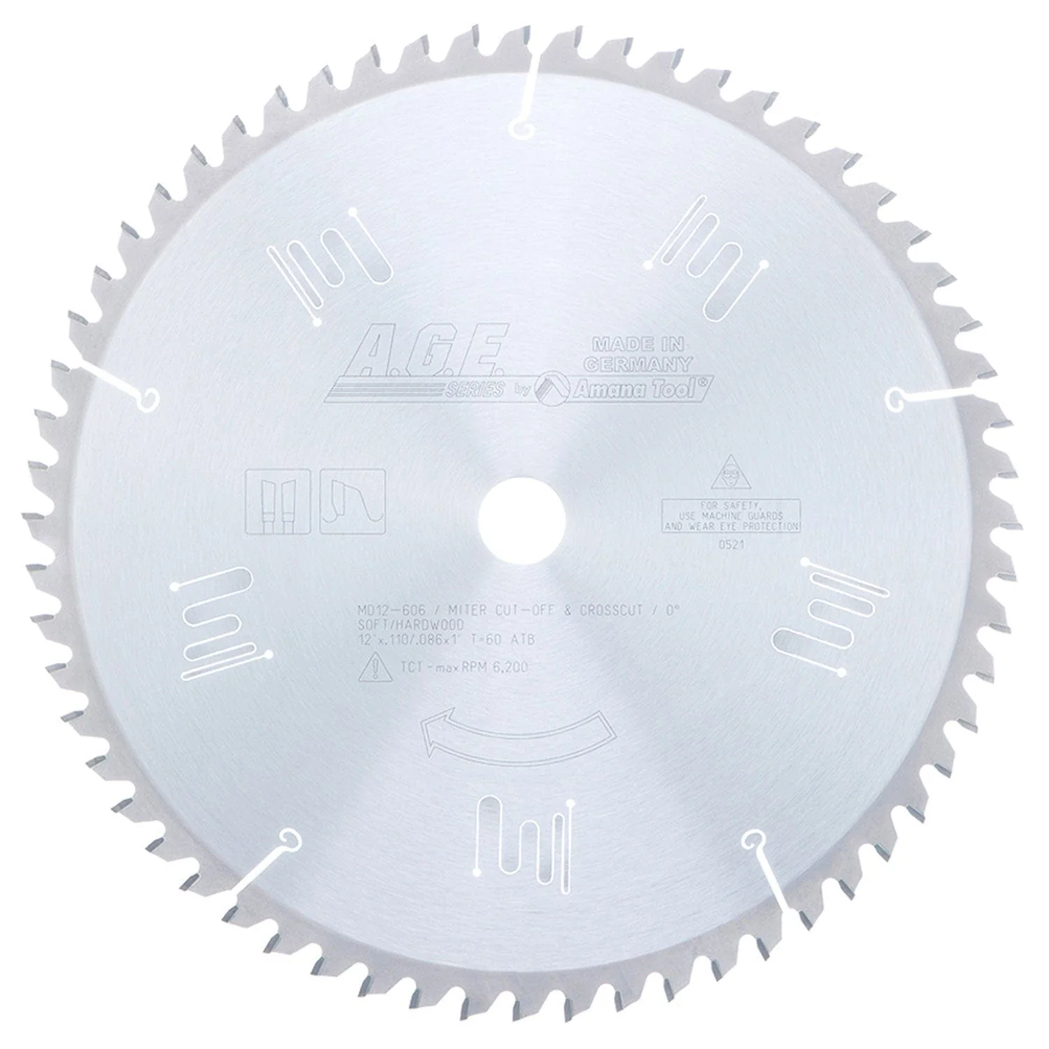 12″ x 60T Carbide Tipped, Thin Kerf Finishing Cut-Off and Crosscut Blade, 0 Deg., 1″ Bore, ATB