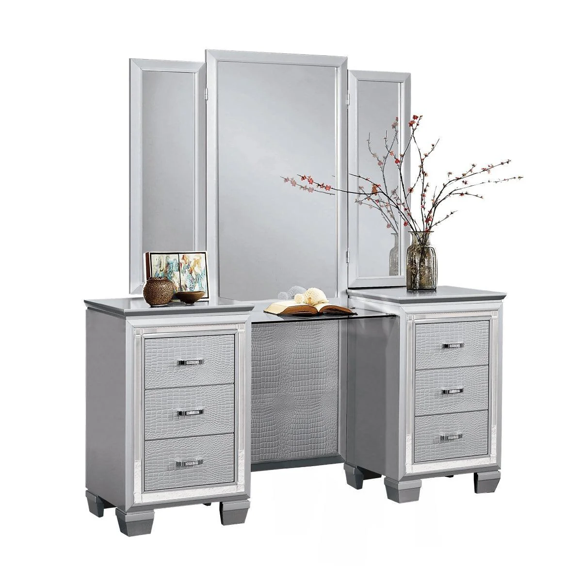 Allura Silver Faux Vanity Dresser With Mirror