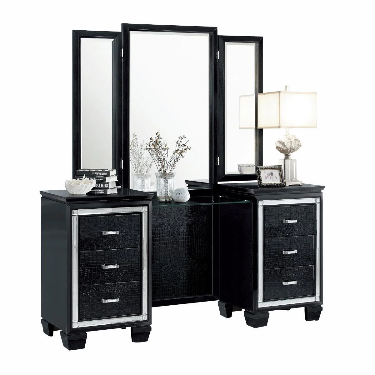 Allura Black Faux Vanity Dresser With Mirror