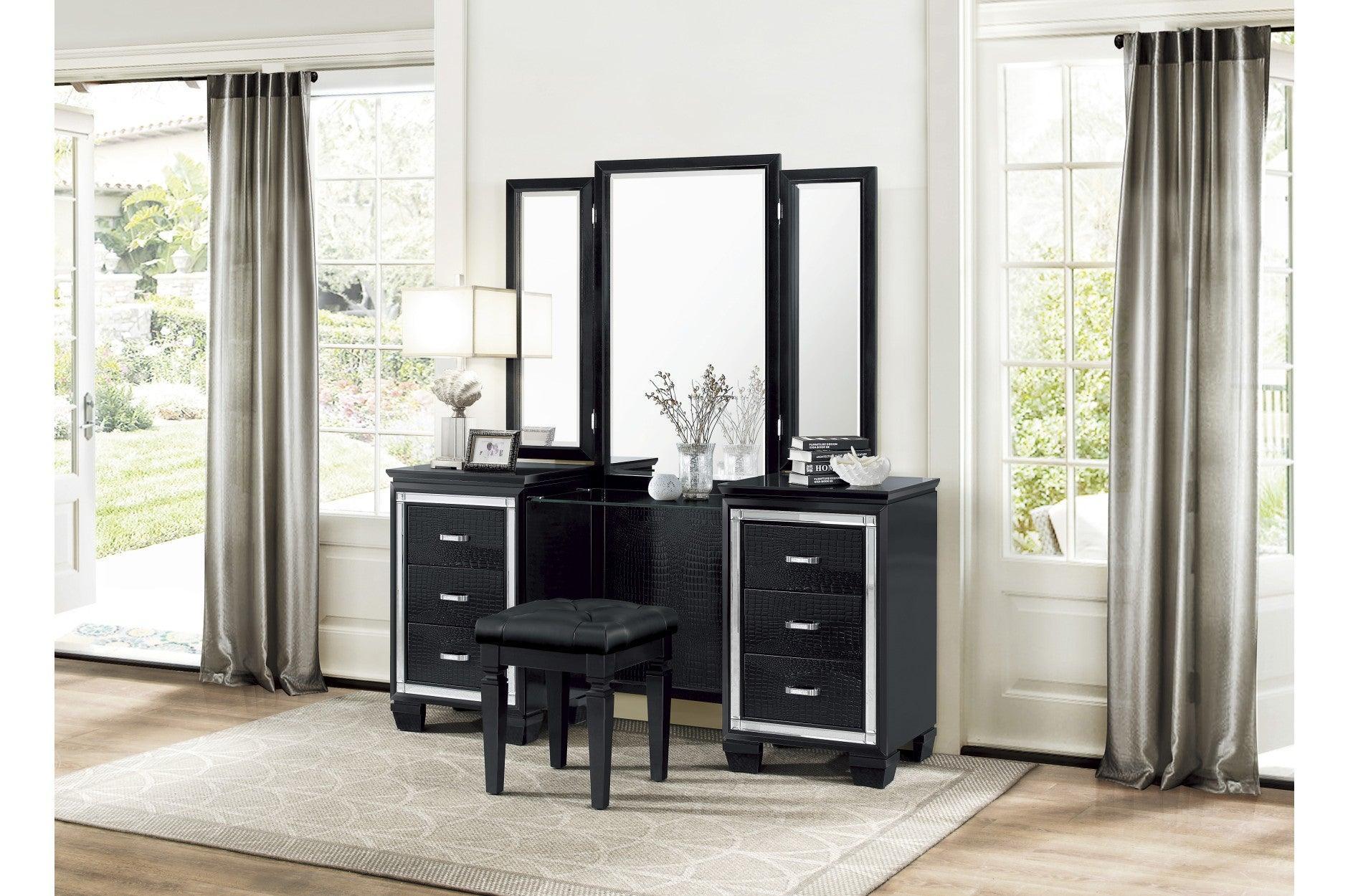 Allura Black Faux Leather Tufted LED Panel Bedroom Set - Image 2