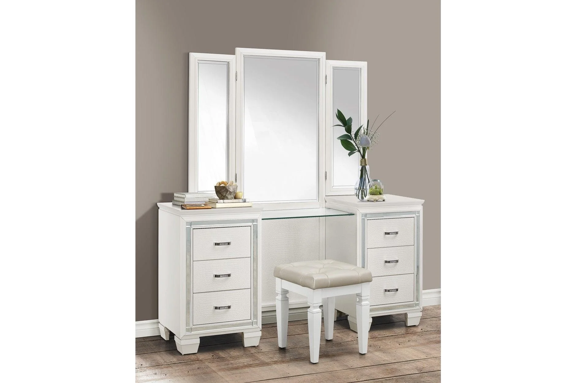 Allura White Faux Leather Tufted LED Panel Bedroom Set - Image 2