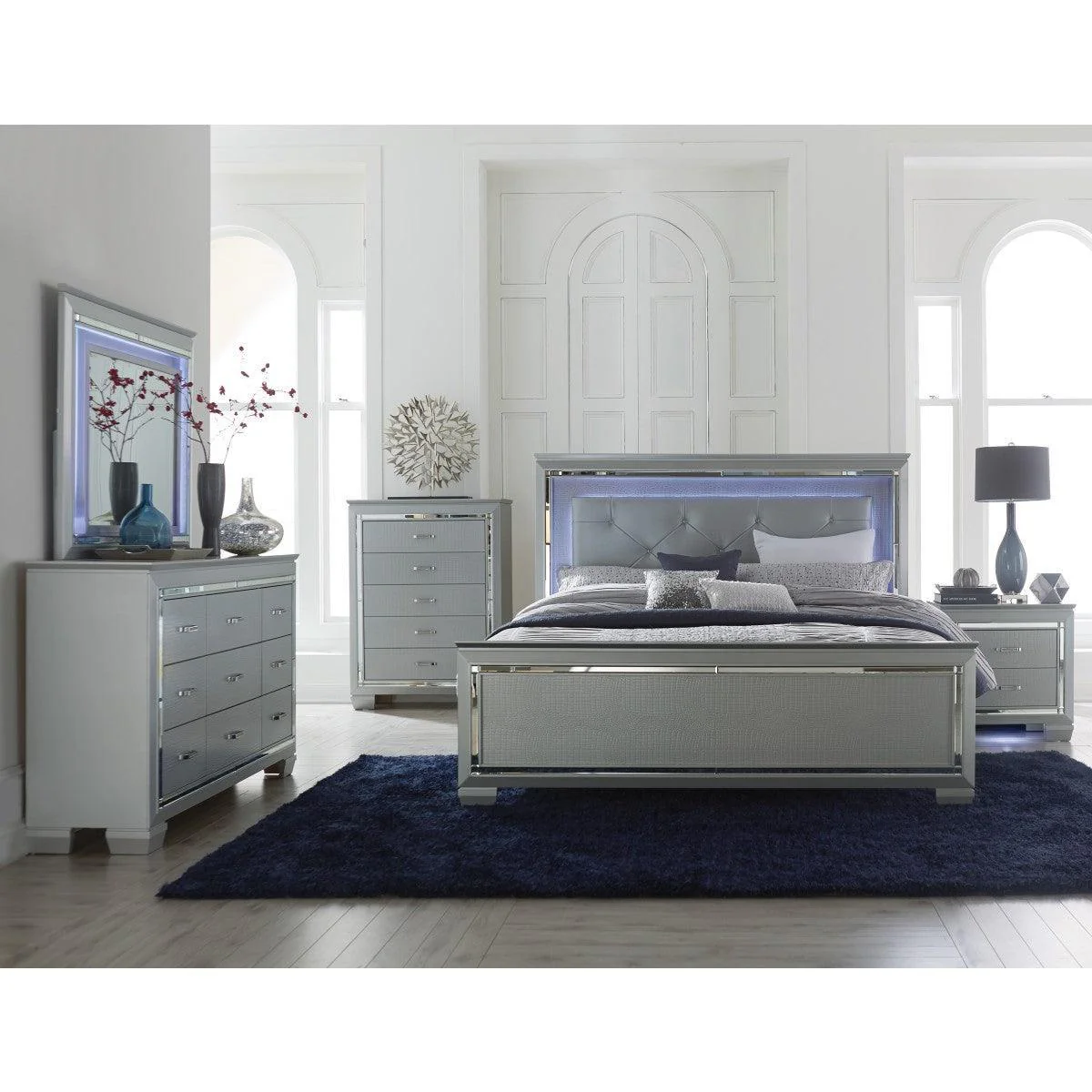 Allura Silver Faux Leather Tufted LED Panel King Bed - Image 3