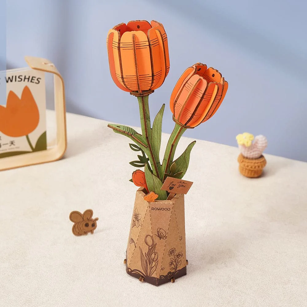 Orange Tulip 3D Wooden Flower Model Kit - Image 2
