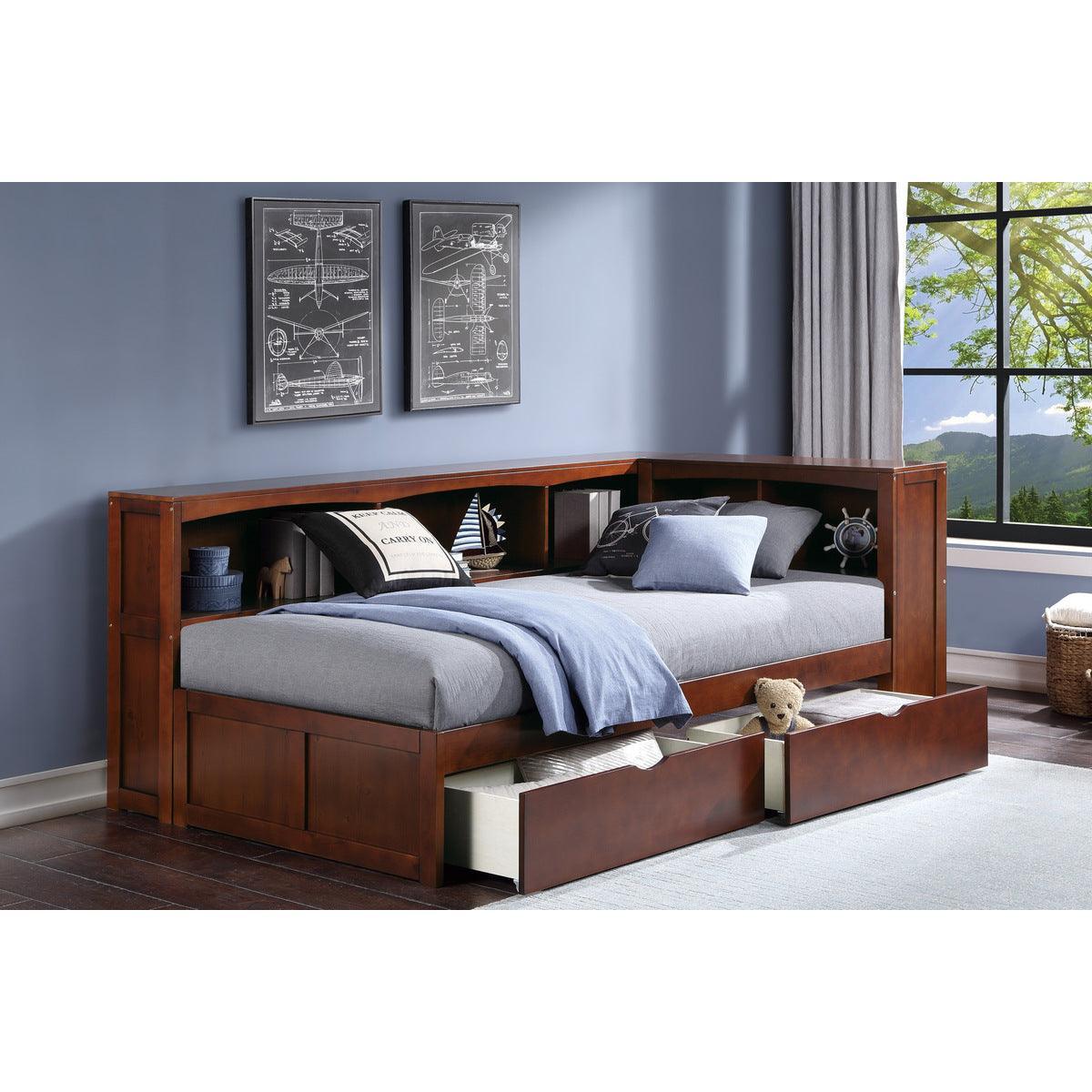 Rowe Dark Cherry Twin Bookcase Corner Bed With Storage Boxes