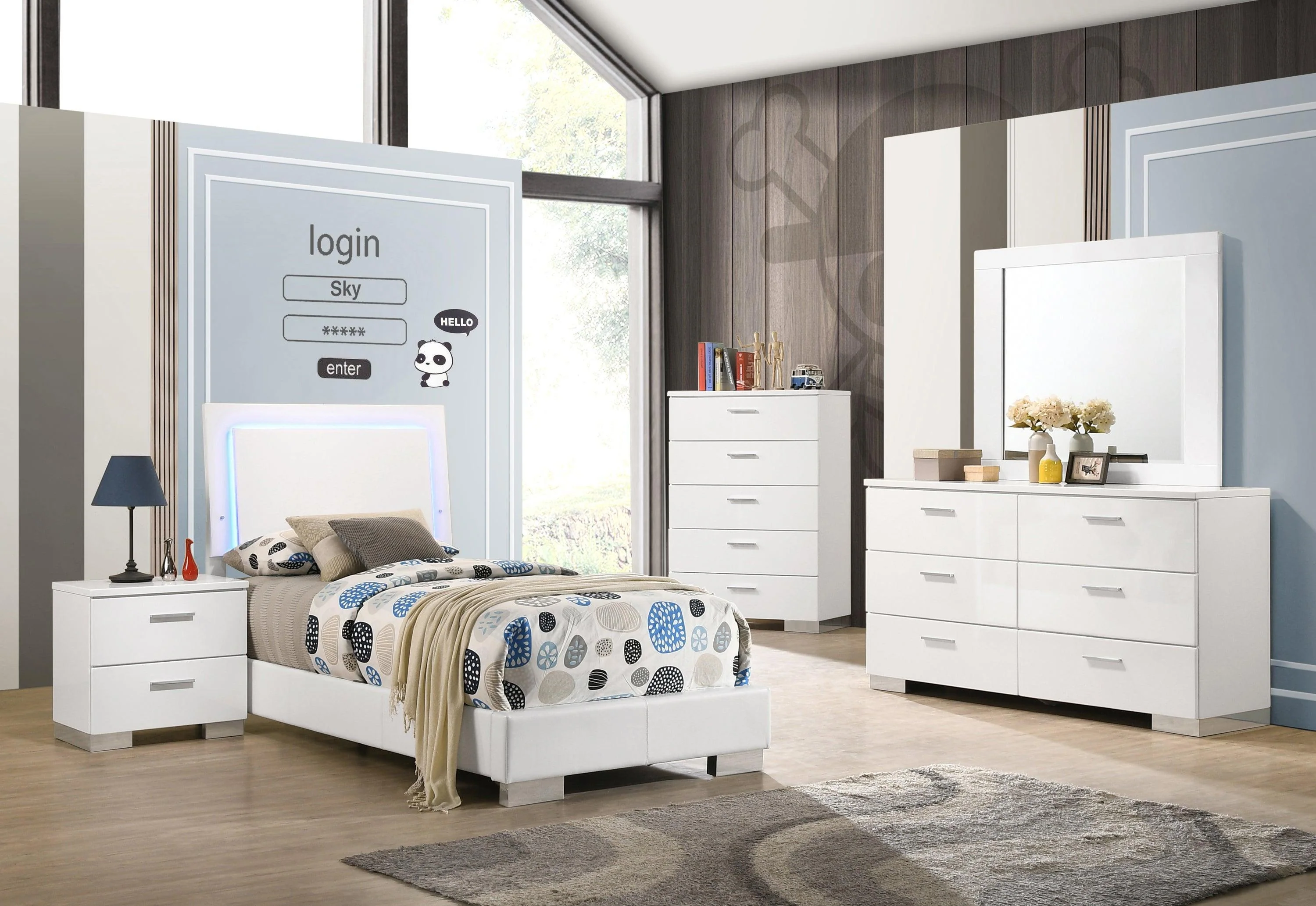 Felicity Twin Panel Bed With LED Lighting Glossy White - Image 2