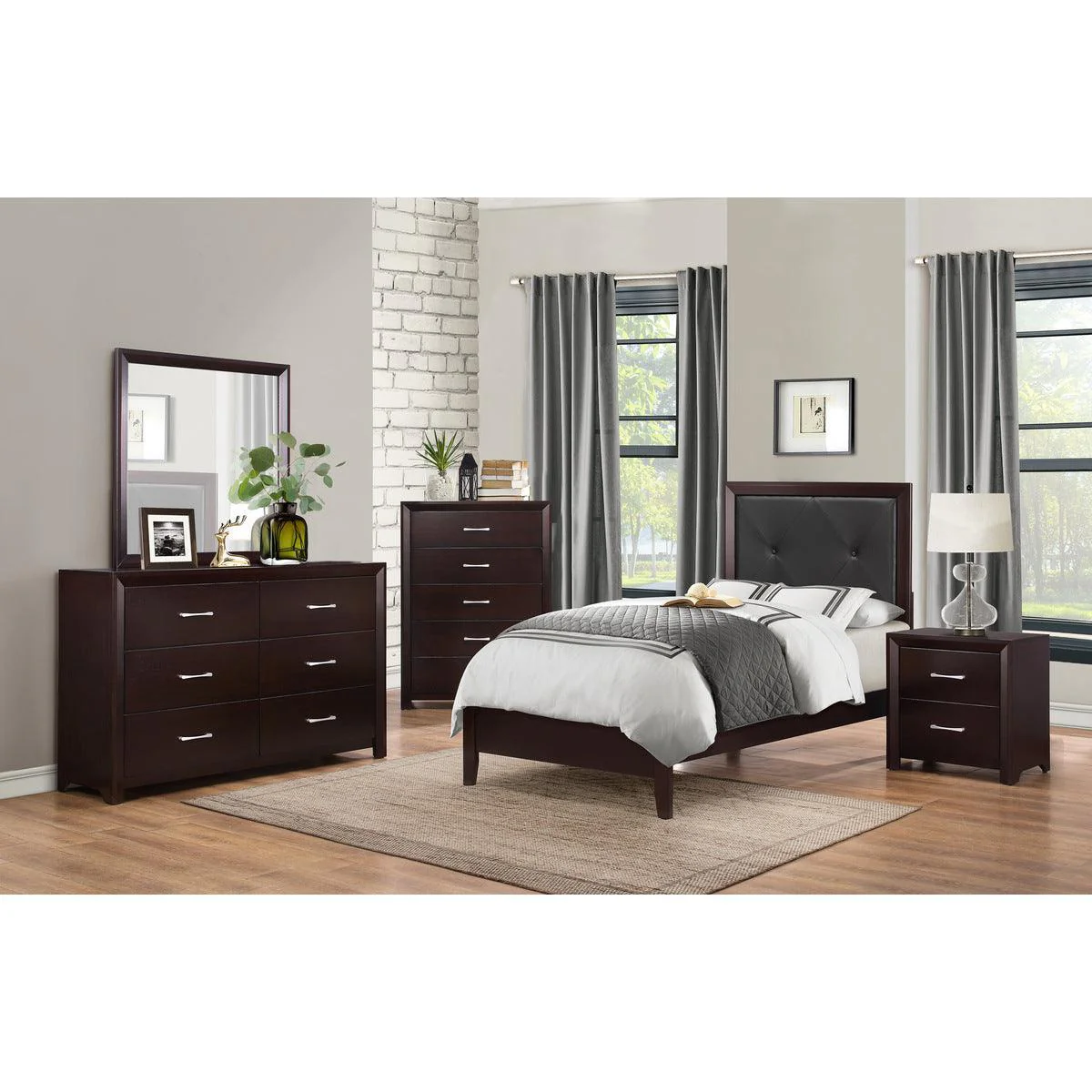 Edina Cherry Faux Leather Tufted Panel Twin Bed - Image 3