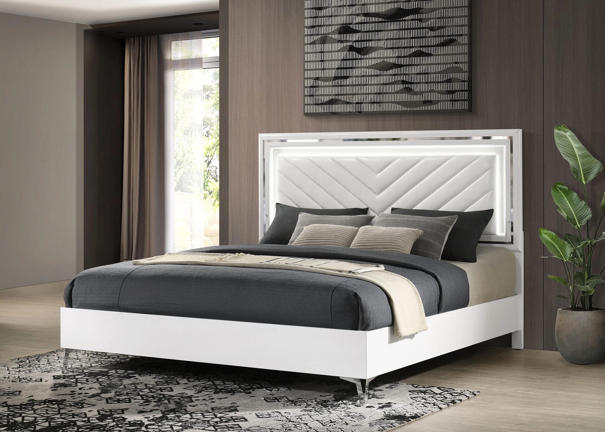 Cassia Eastern King LED Panel Bed White High Gloss - Image 2