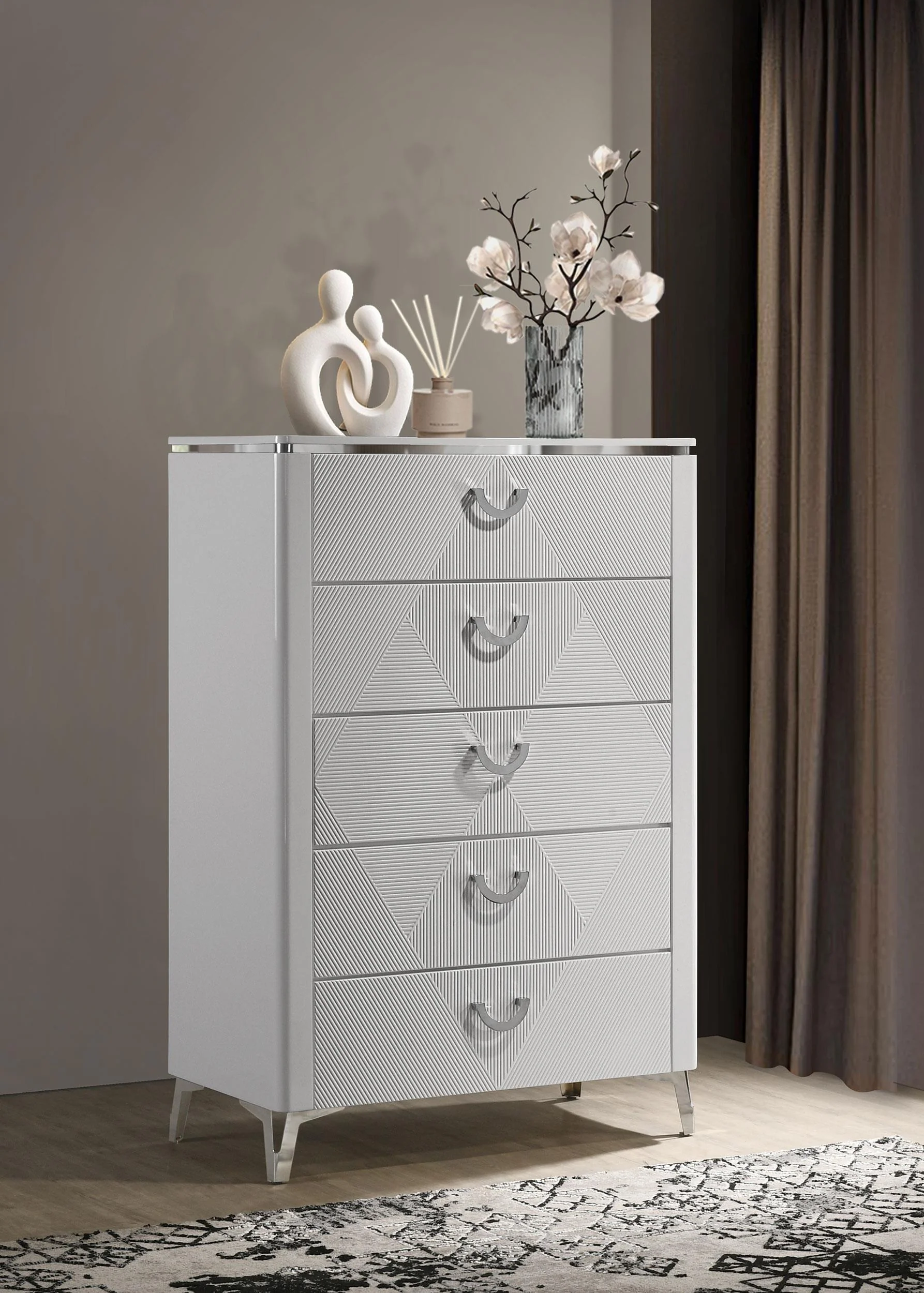 Cassia 5-drawer Bedroom Chest of Drawers White High Gloss - Image 2