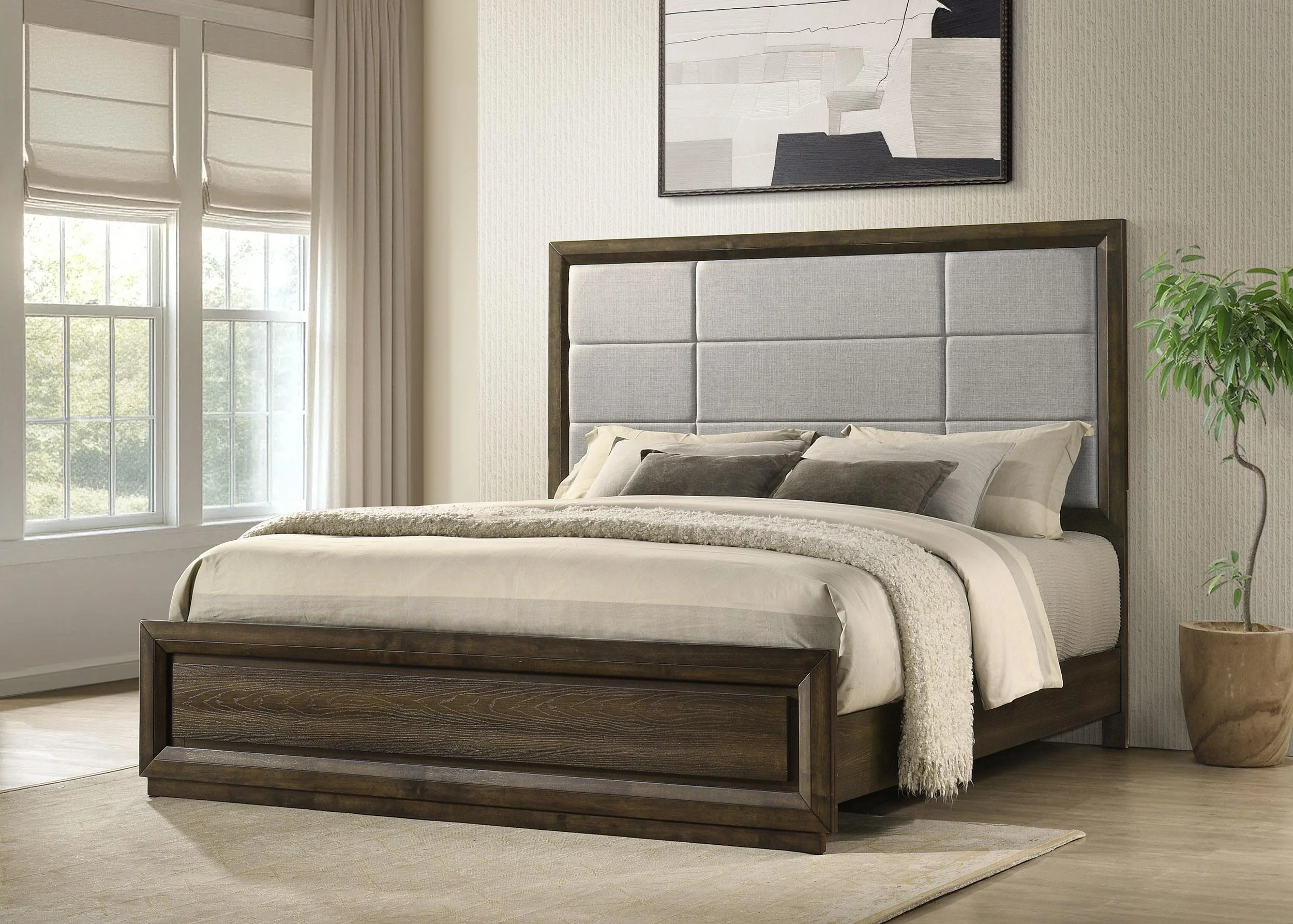 Atlas 63-inch Eastern King Upholstered Panel Bed Grey and Dark Oak - Image 2