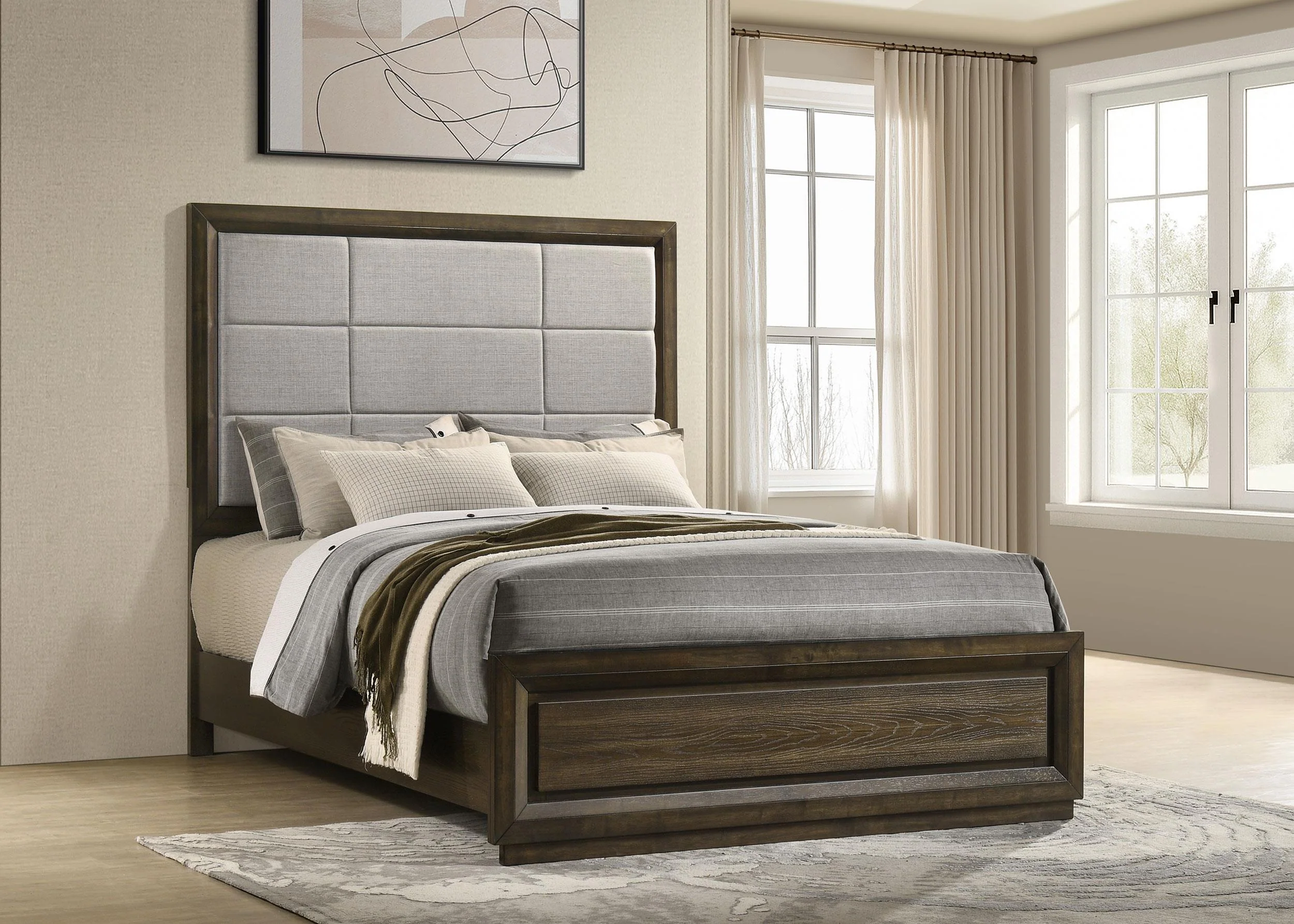 Atlas 63-inch Queen Upholstered Panel Bed Grey and Dark Oak - Image 2