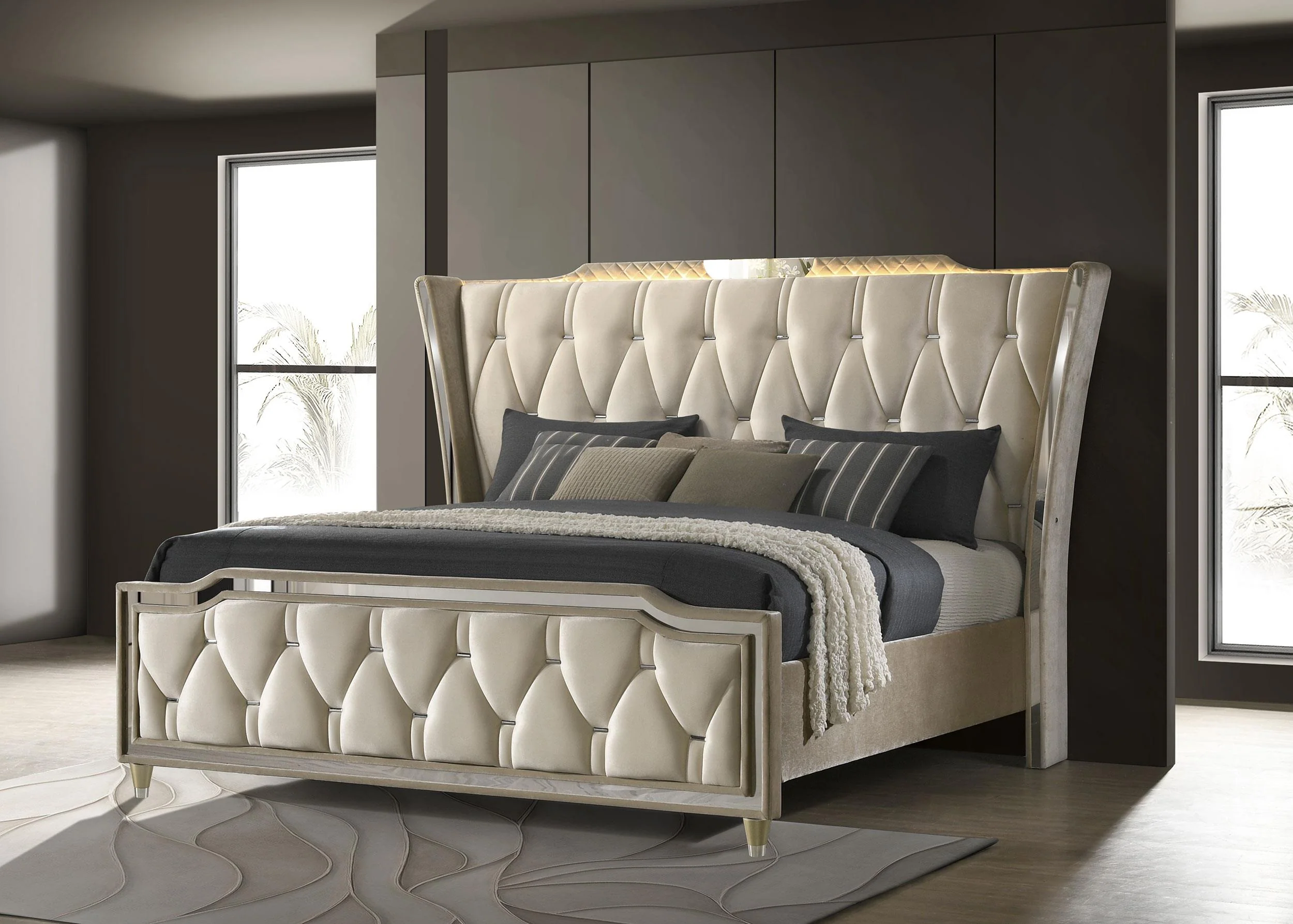 Lorient Eastern King LED Upholstered Bed Ivory and Camel - Image 2
