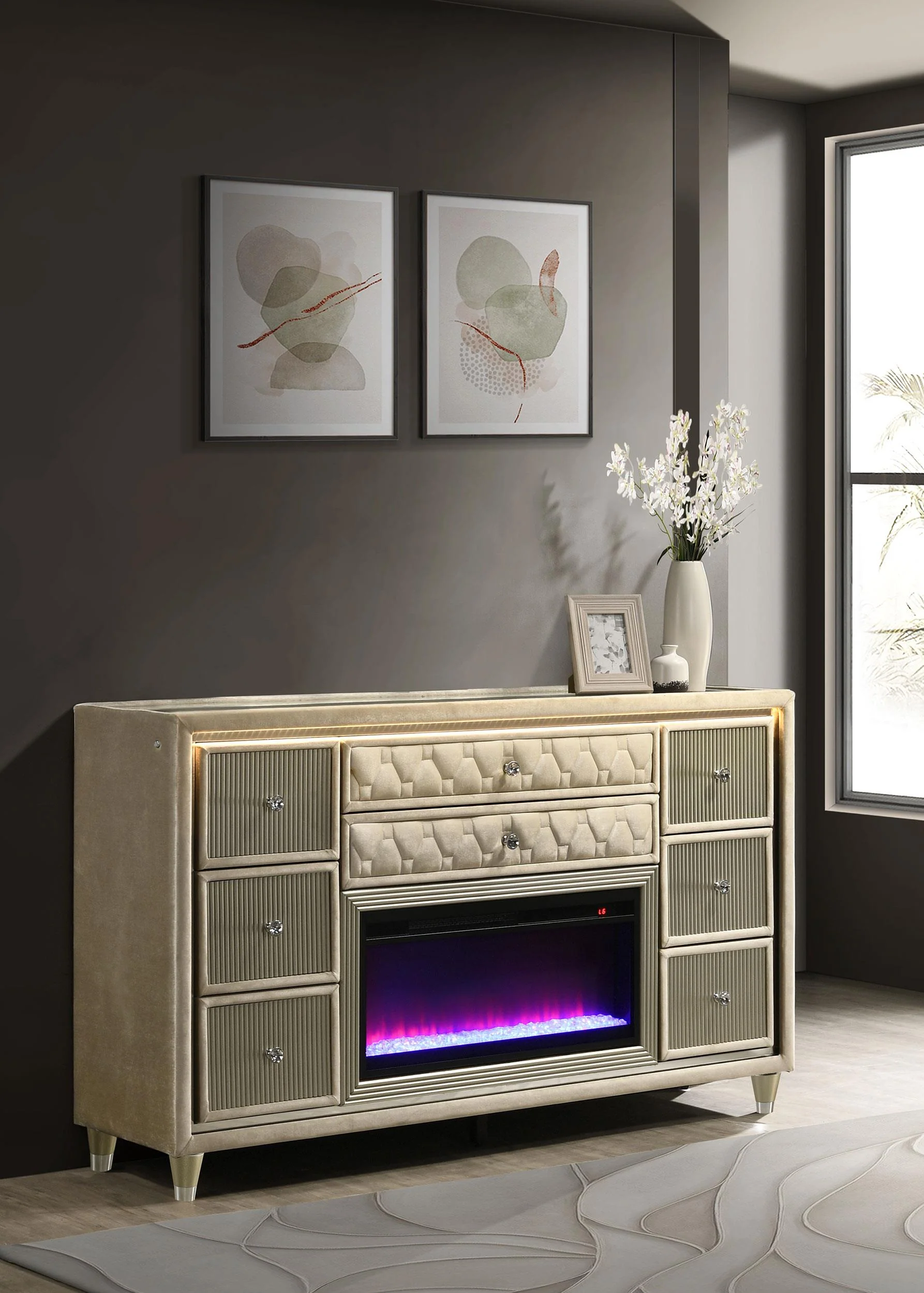Lorient 8-drawer LED Bedroom Flame Box Dresser Ivory Camel - Image 2