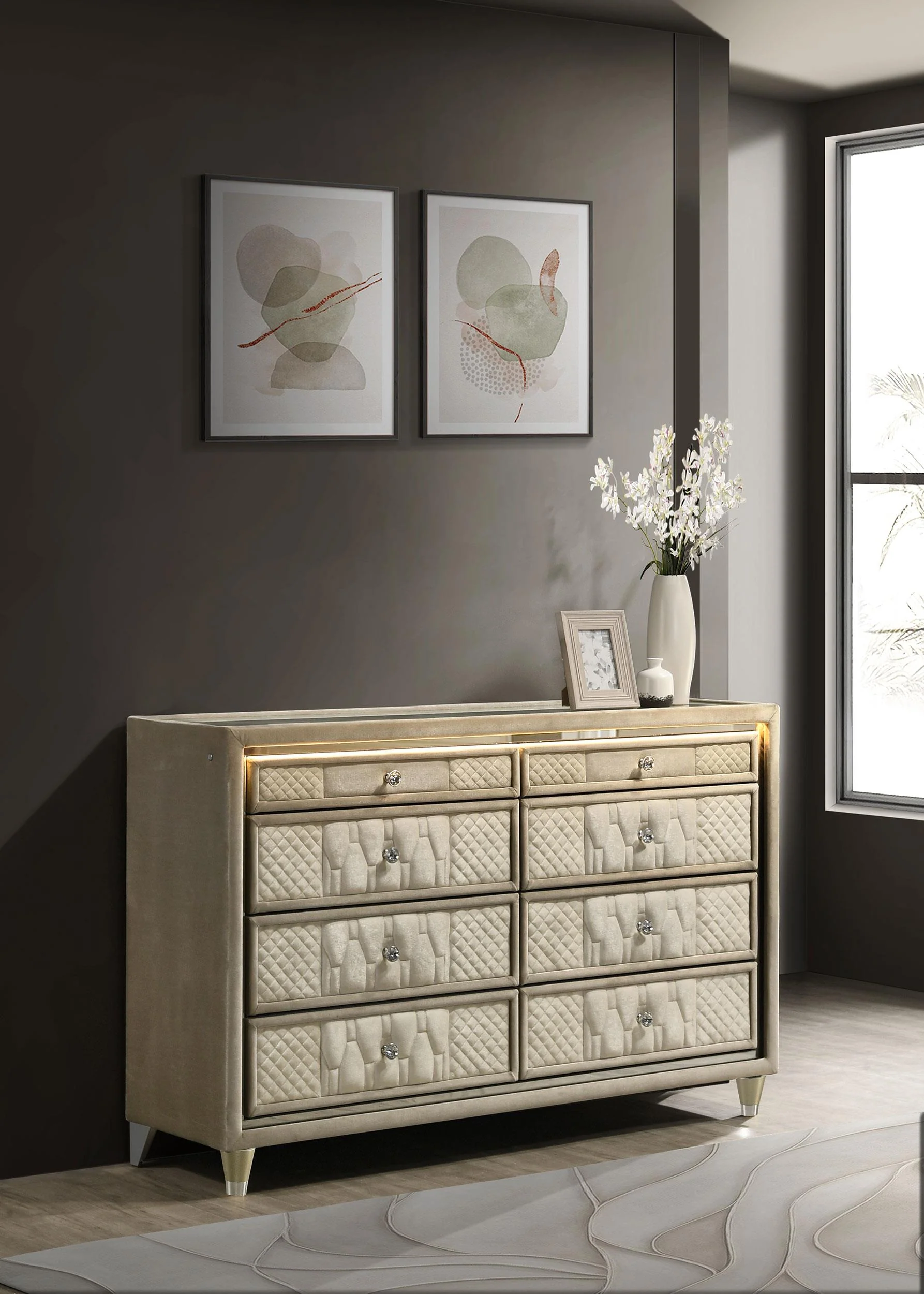 Lorient 8-drawer LED Bedroom Dresser Cabinet Ivory and Camel - Image 2