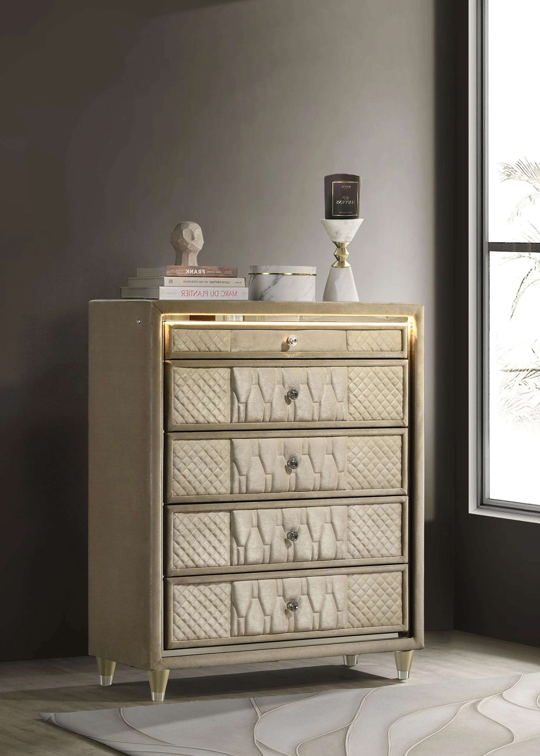 Lorient 5-drawer LED Chest of Drawers Ivory and Camel - Image 2
