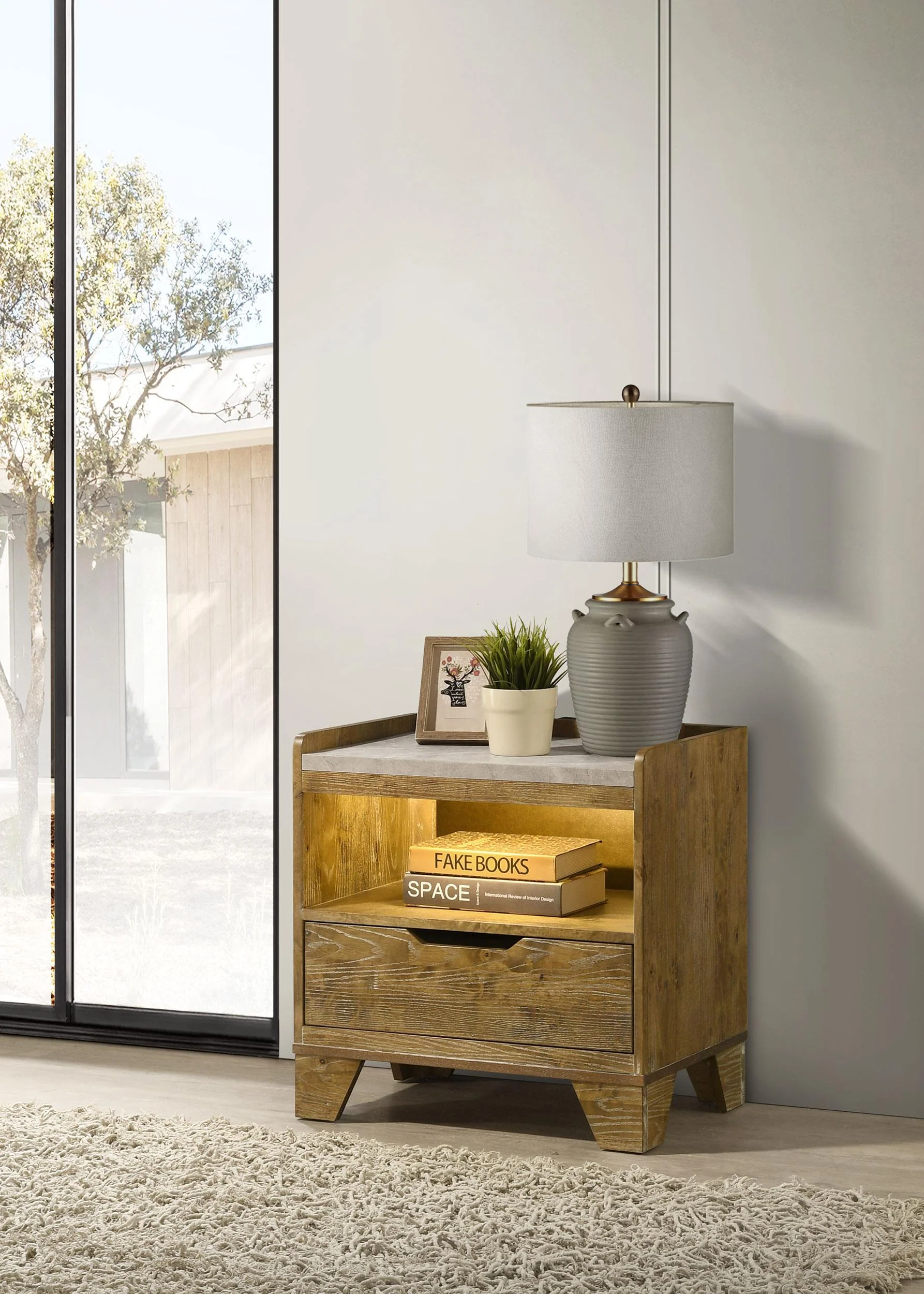Henderson 1-drawer LED Nightstand Bedside Table Medium Oak - Image 2