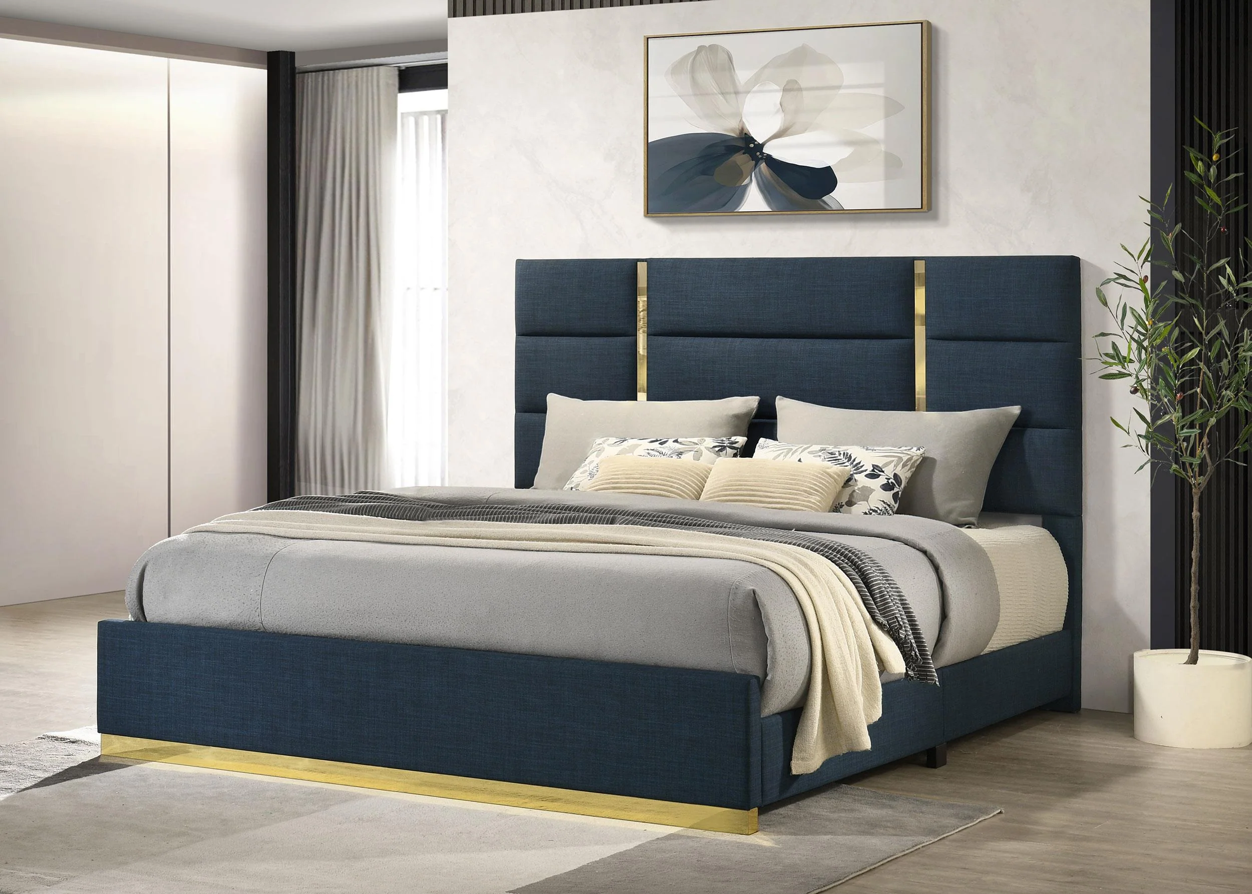 Ines 52-inch Fabric Upholstered Eastern King Panel Bed Navy - Image 2