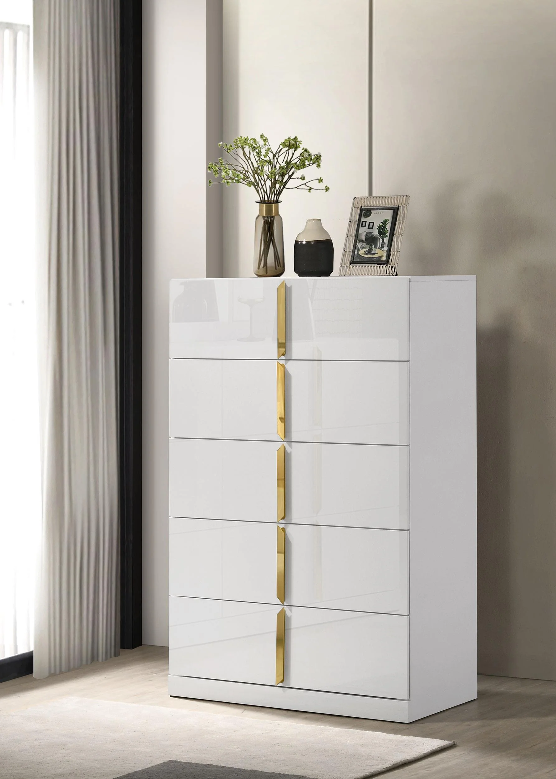 Ines 5-drawer Bedroom Chest of Drawers White High Gloss - Image 2