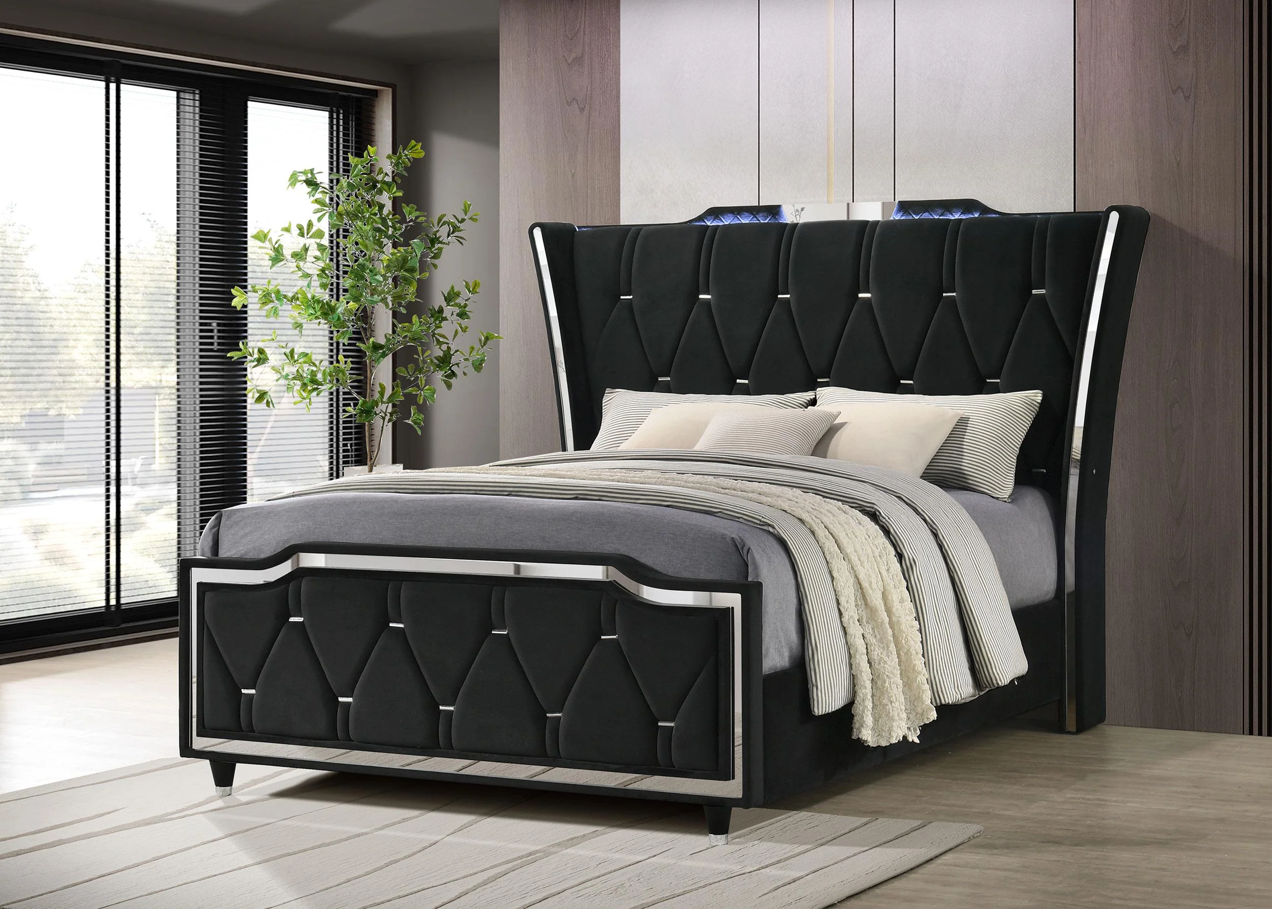 Lorient Queen LED Upholstered Wingback Bed Black - Image 2