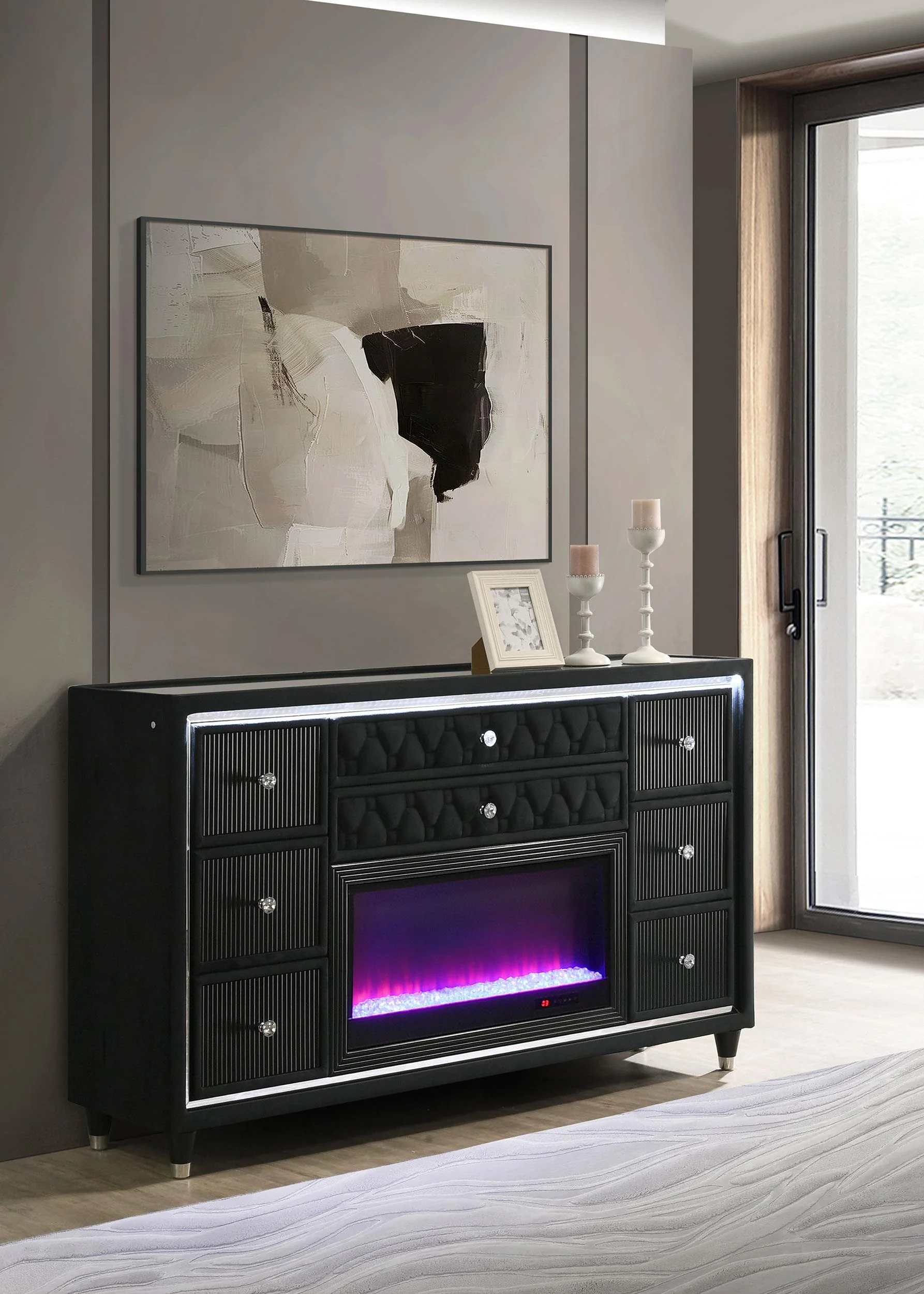 Lorient 8-drawer LED Bedroom Flame Box Dresser Black - Image 2