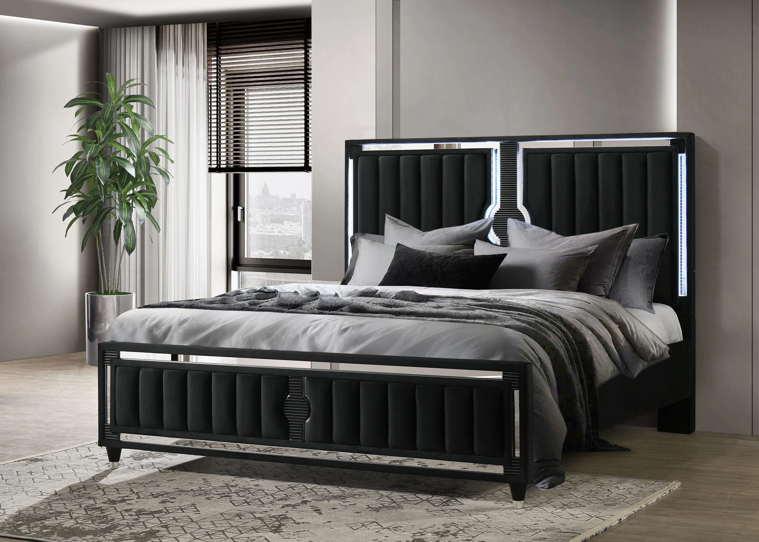 Ravenne Velvet Upholstered Eastern King LED Panel Bed Black - Image 2