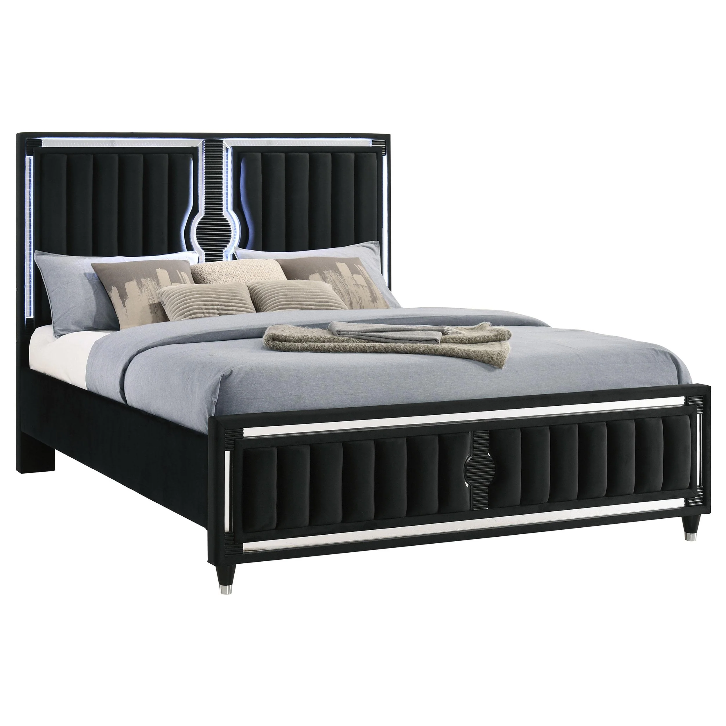 Ravenne Velvet Upholstered Eastern King LED Panel Bed Black - Image 3