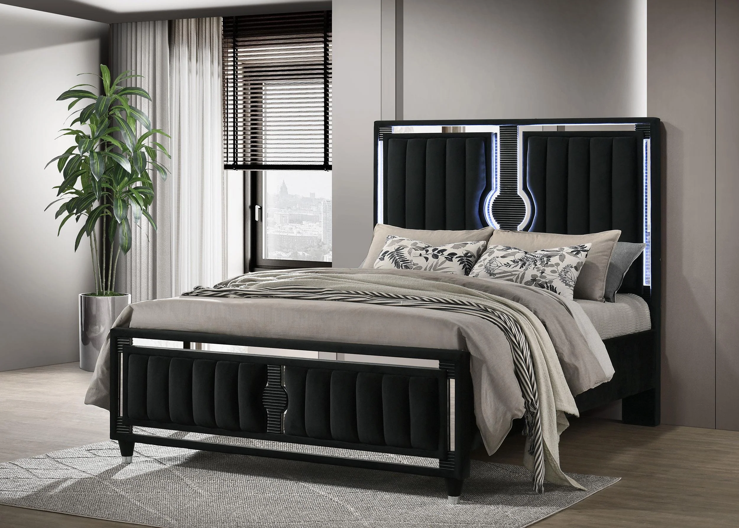 Ravenne Velvet Upholstered Queen LED Panel Bed Black - Image 2