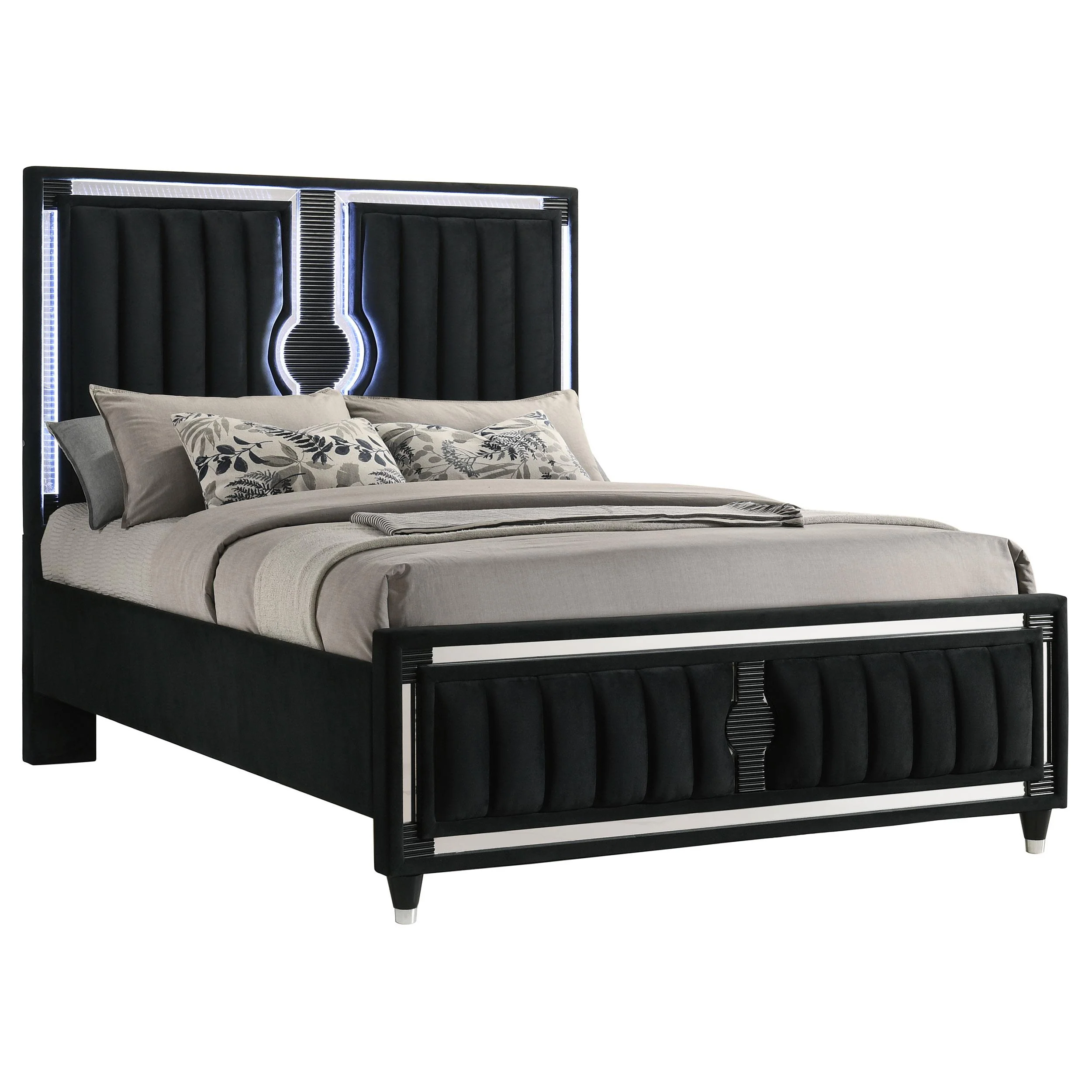 Ravenne Velvet Upholstered Queen LED Panel Bed Black - Image 3