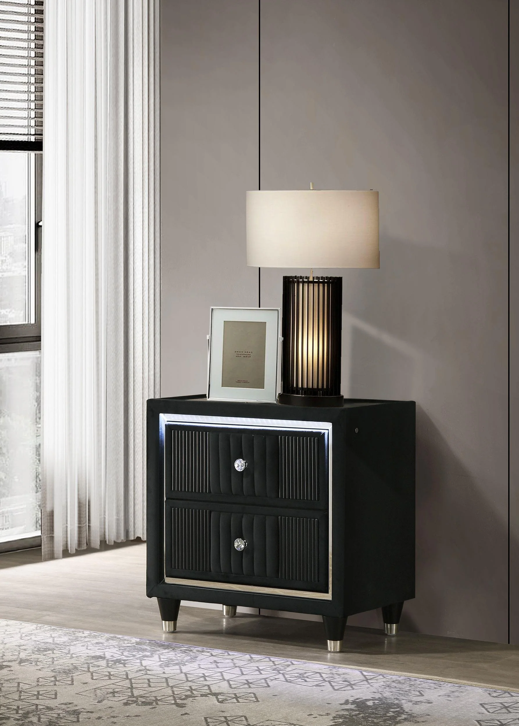 Ravenne 2-drawer Velvet Upholstered LED Nightstand with USB Black - Image 2