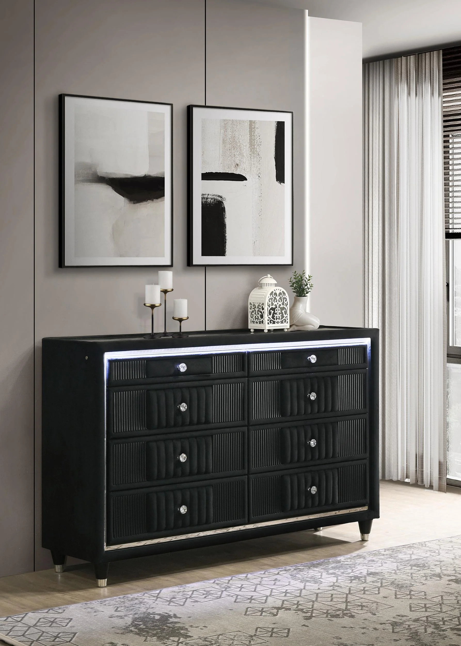 Ravenne 8-drawer Velvet Upholstered LED Dresser Cabinet Black - Image 2