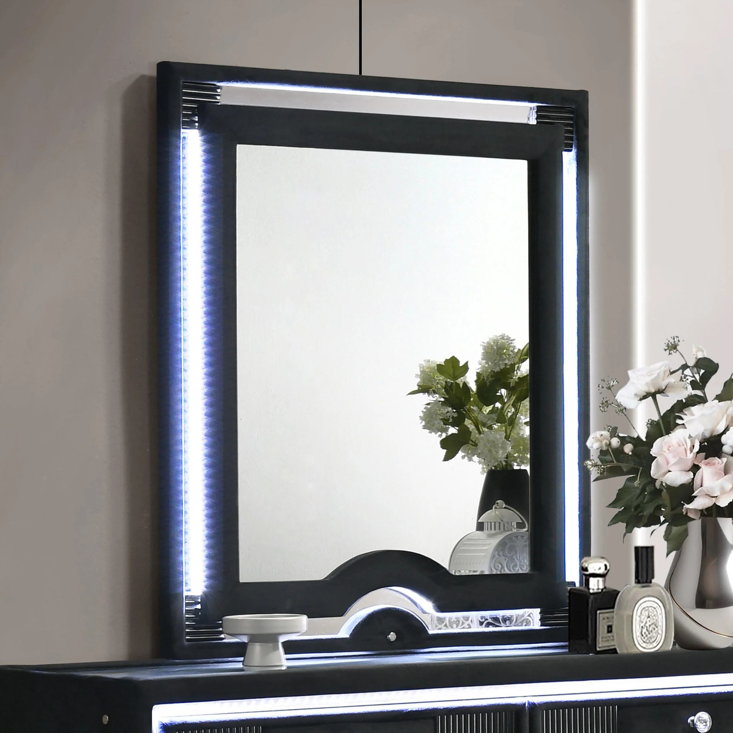 Ravenne Velvet Upholstered LED Dresser Mirror Black - Image 2