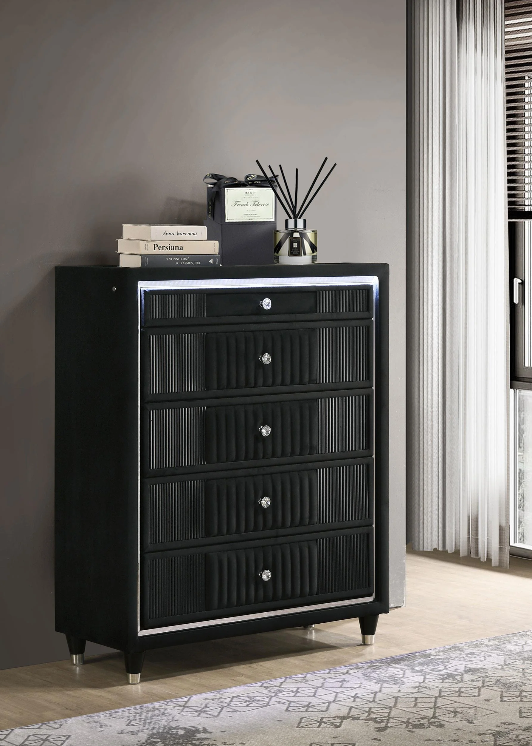 Ravenne 5-drawer Velvet Upholstered LED Chest of Drawers Black - Image 2